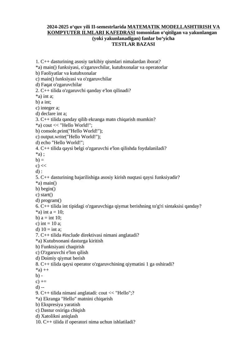 MATEMATIK MODELLASHTIRISH VA KOMPYUTER ILMLARI