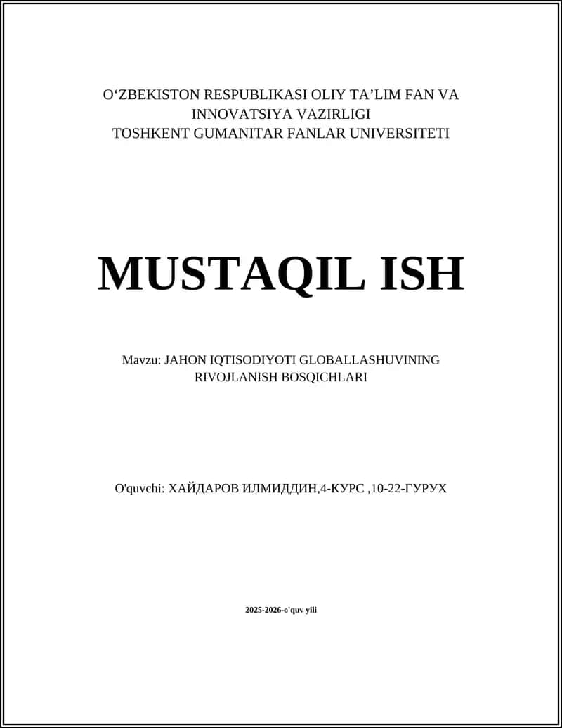 JAHON IQTISODIYOTI GLOBALLASHUVINING RIVOJLANISH BOSQICHLARI