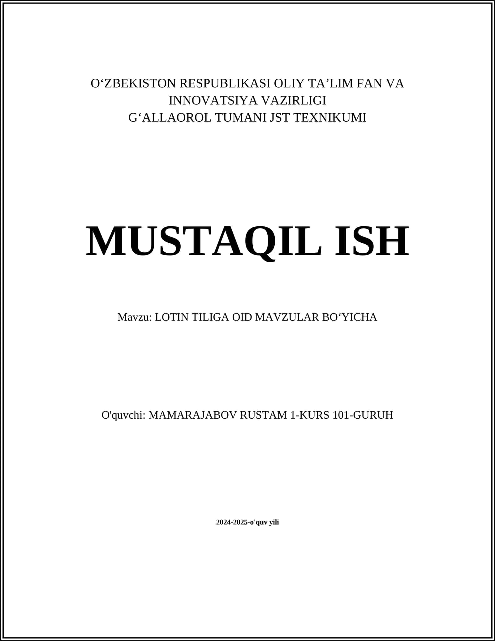 LOTIN TILIGA OID MAVZULAR BOʻYICHA