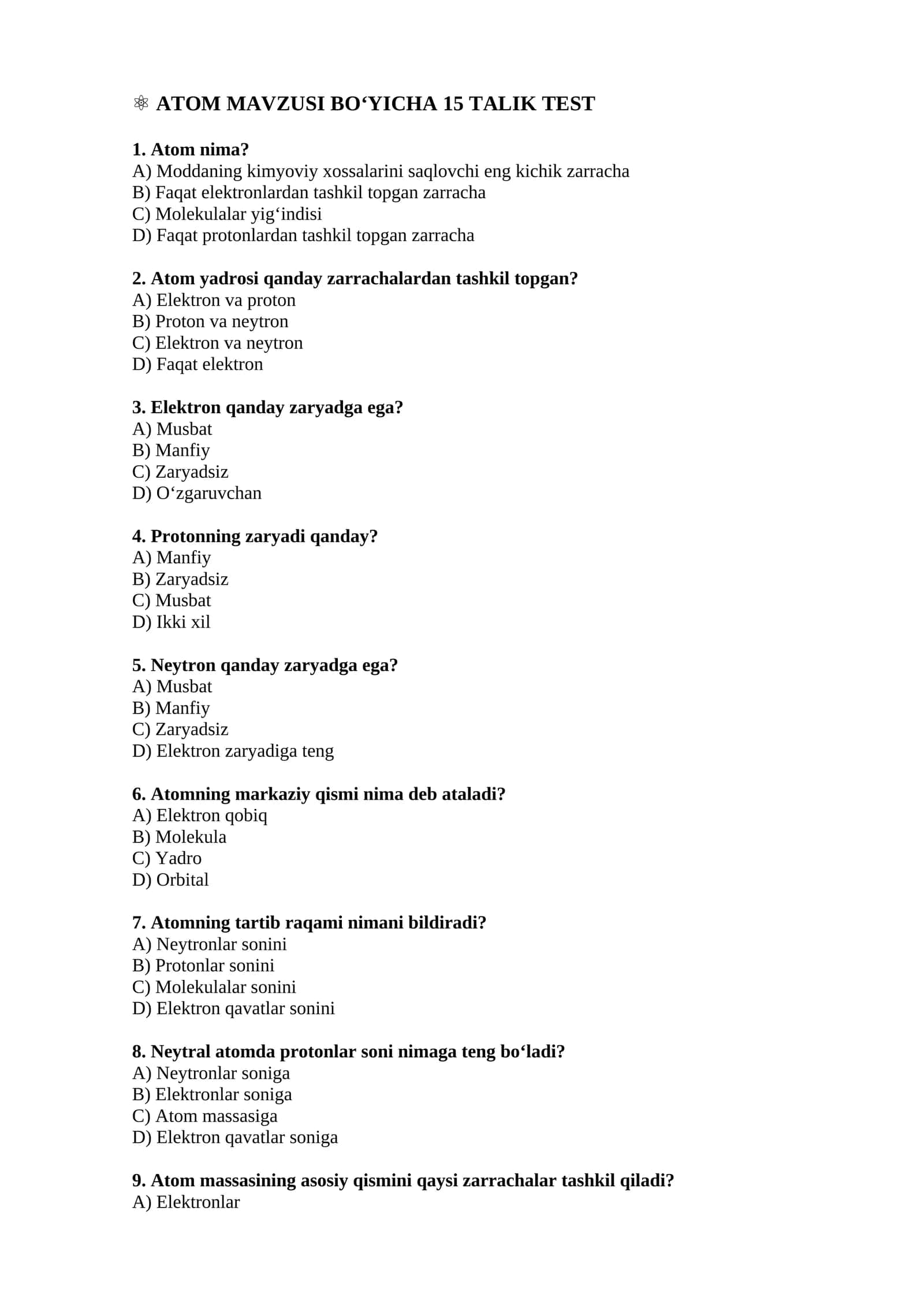 ATOM MAVZUSI BOβYICHA 15 TALIK TEST