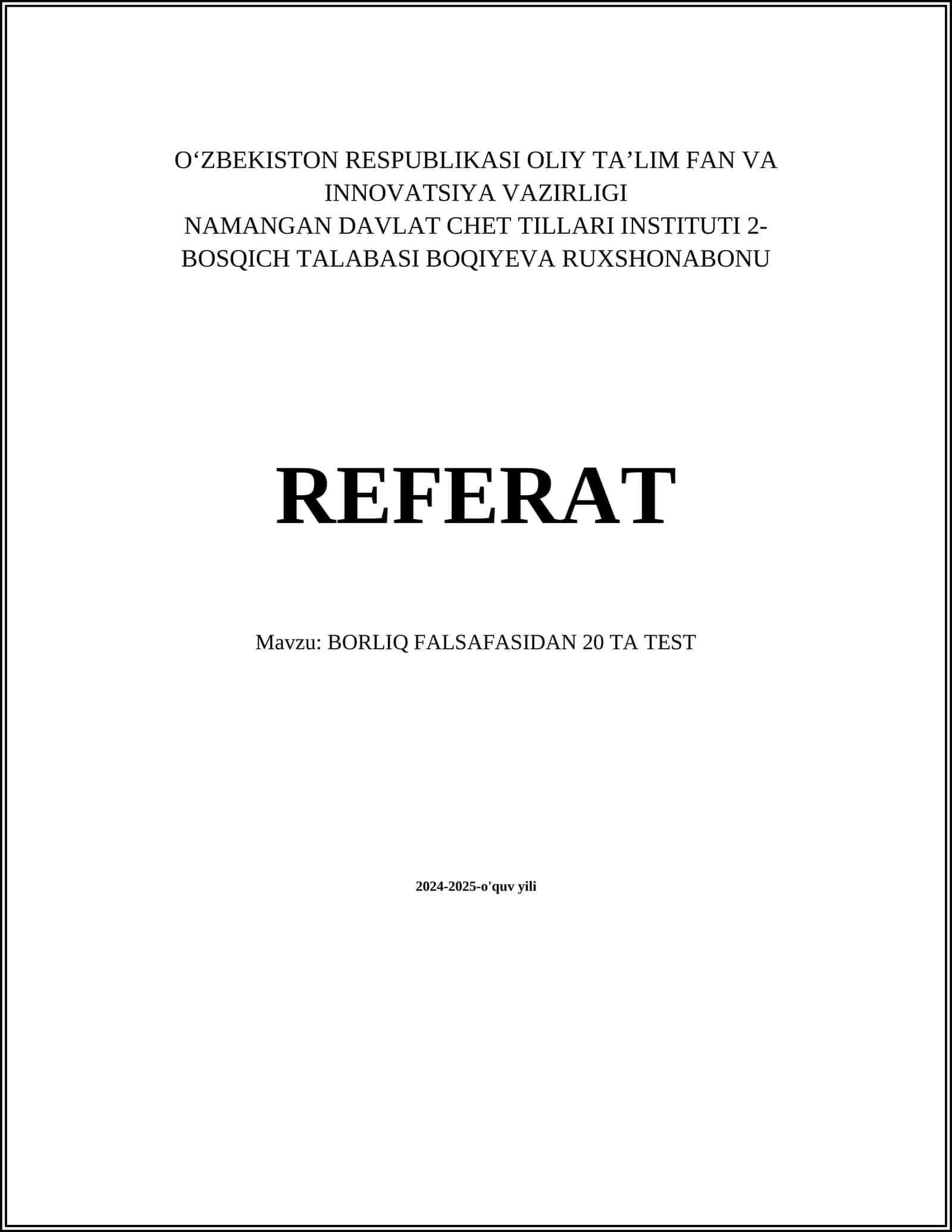 BORLIQ FALSAFASIDAN 20 TA TEST