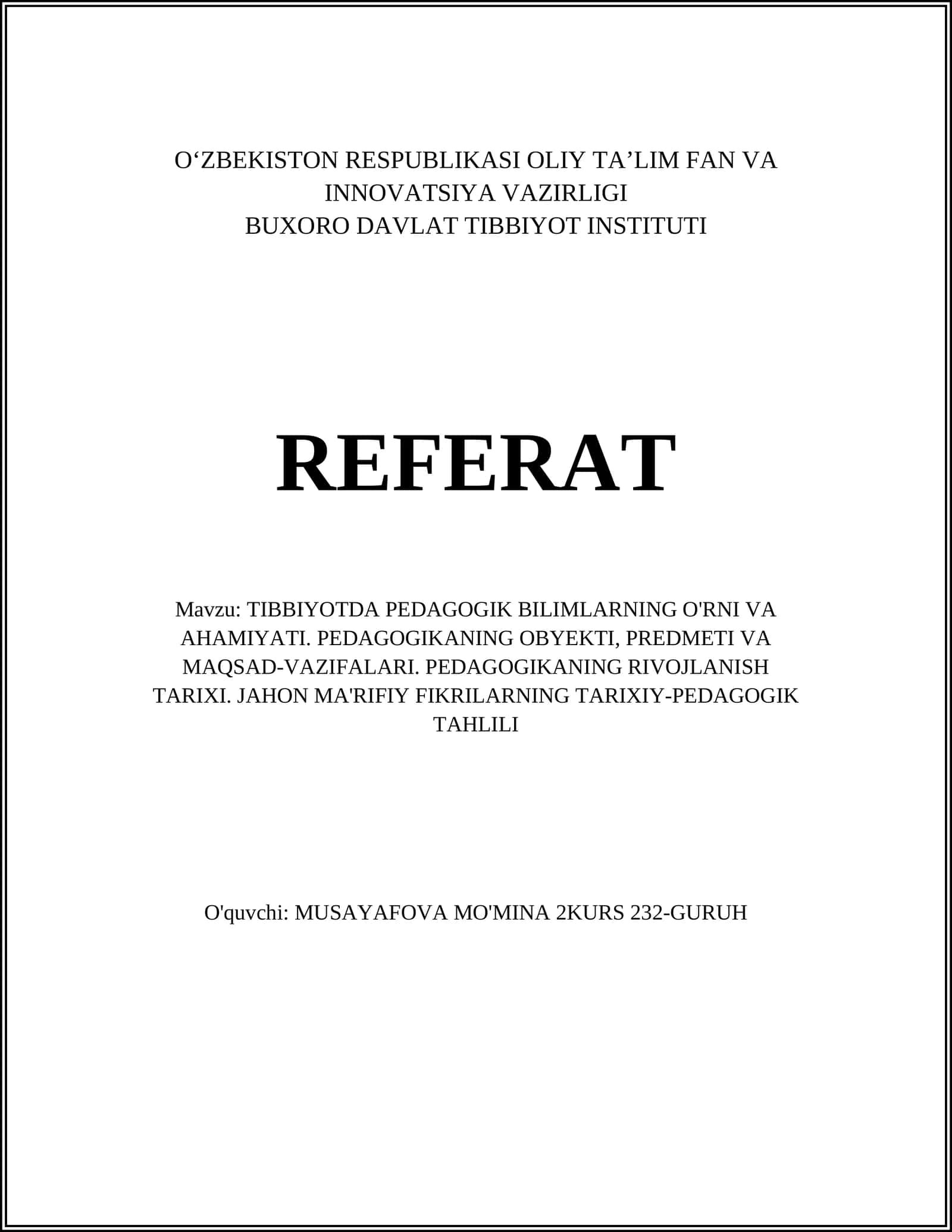 TIBBIYOTDA PEDAGOGIK BILIMLARNING O'RNI VA AHAMIYATI