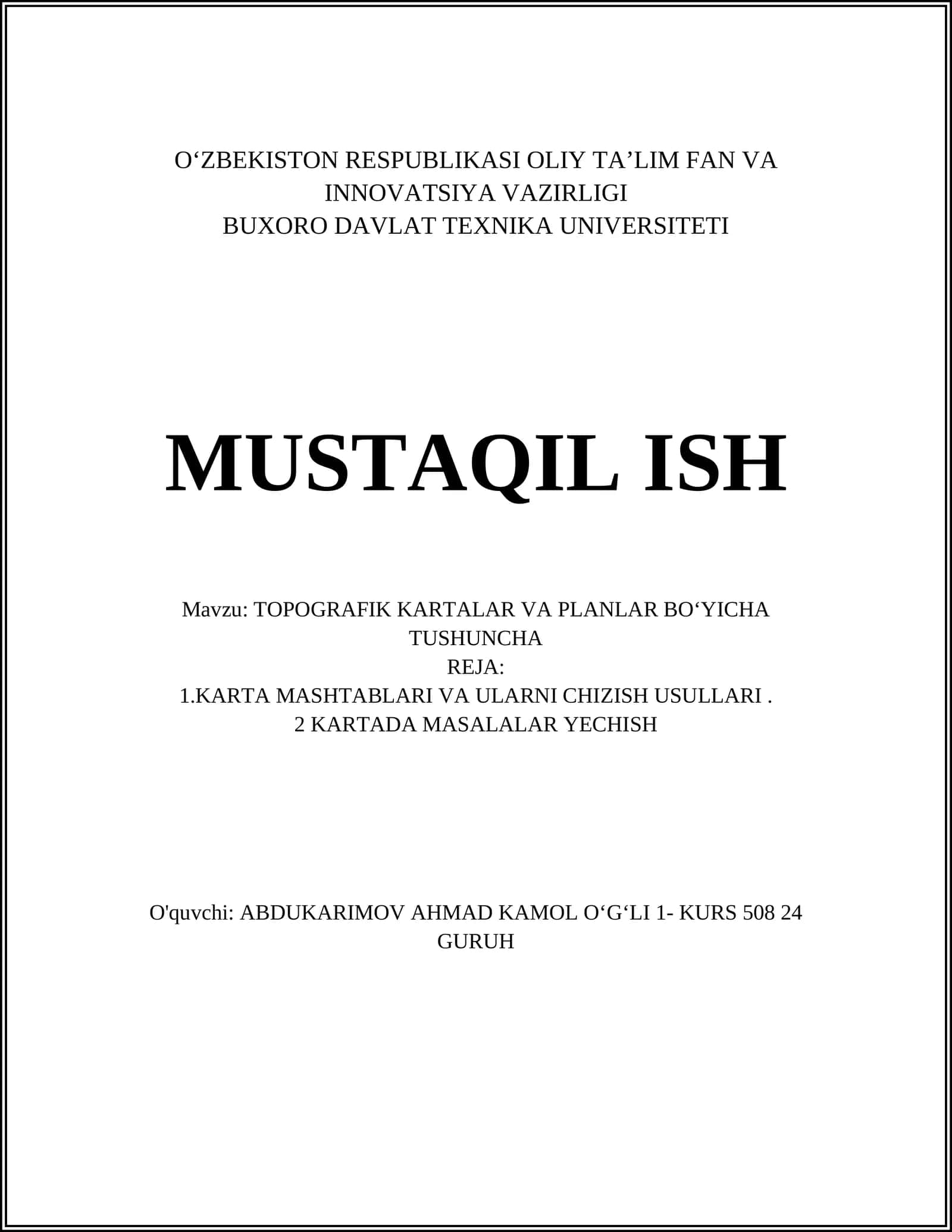 TOPOGRAFIK KARTALAR VA PLANLAR BOʻYICHA TUSHUNCHA