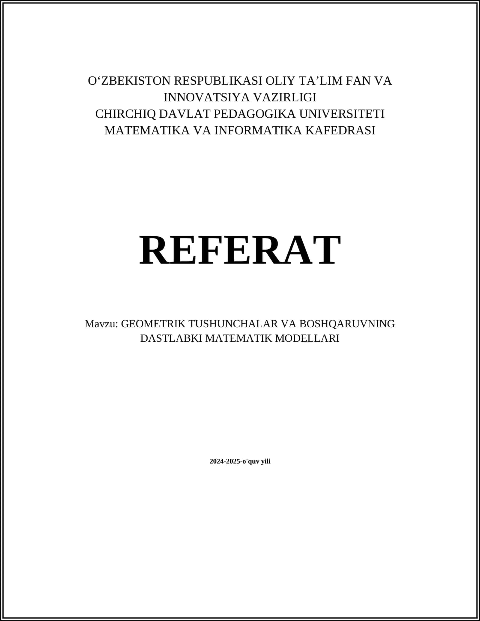GEOMETRIK TUSHUNCHALAR VA BOSHQARUVNING DASTLABKI MATEMATIK MODELLARI