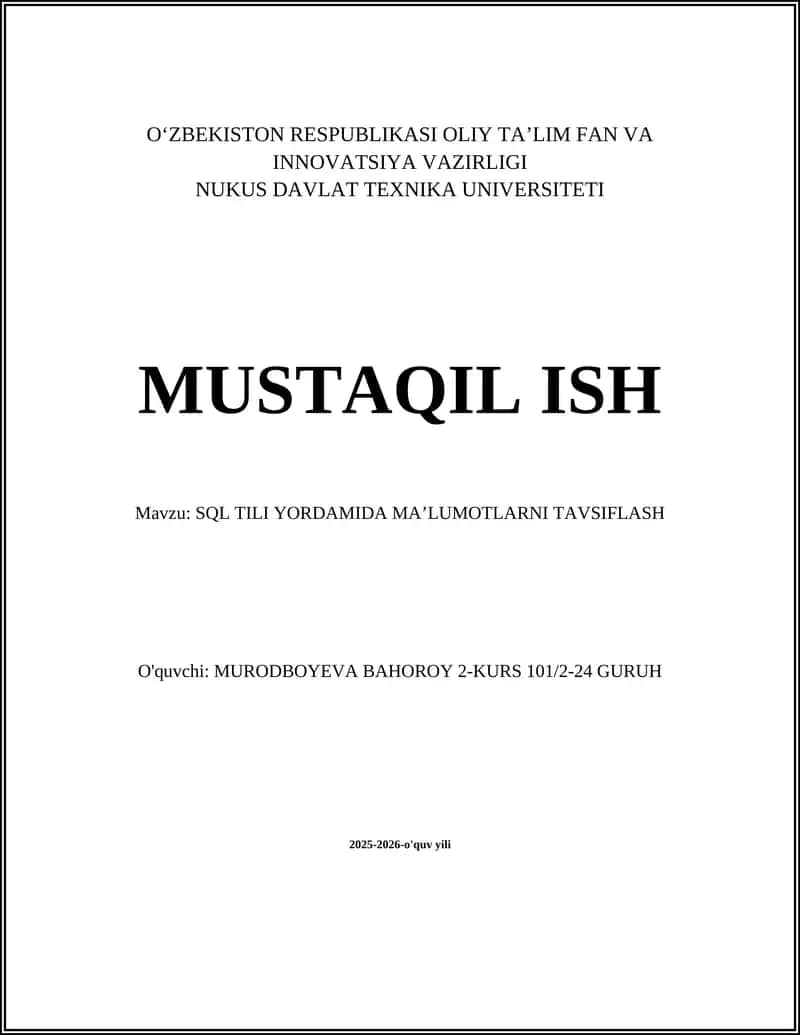 SQL TILI YORDAMIDA MAʼLUMOTLARNI TAVSIFLASH