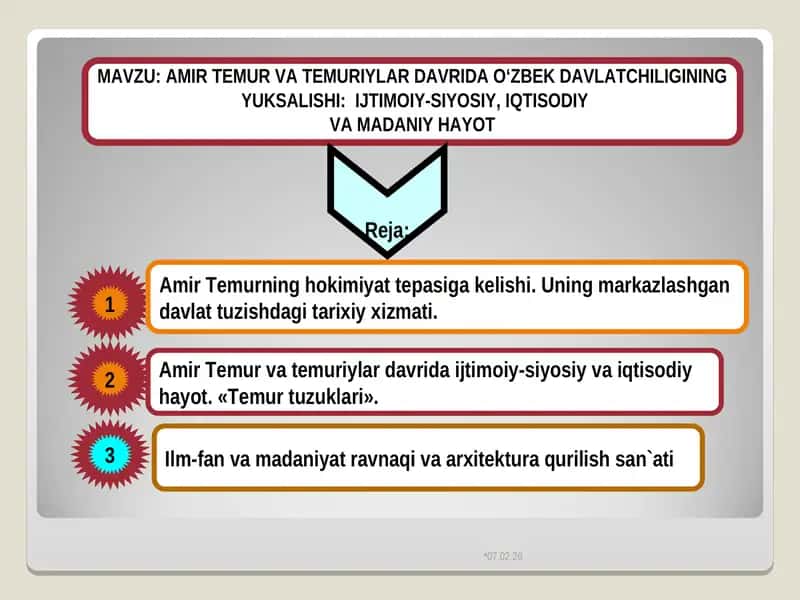 AMIR TEMUR VA TEMURIYLAR DAVRIDA O‘ZBEK DAVLATCHILIGINING  YUKSALISHI:  IJTIMOIY-SIYOSIY, IQTISODIY  VA MADANIY HAYOT