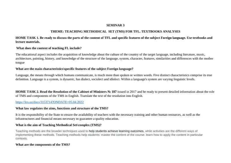 TEACHING METHODICAL SET (TMS) FOR TFL