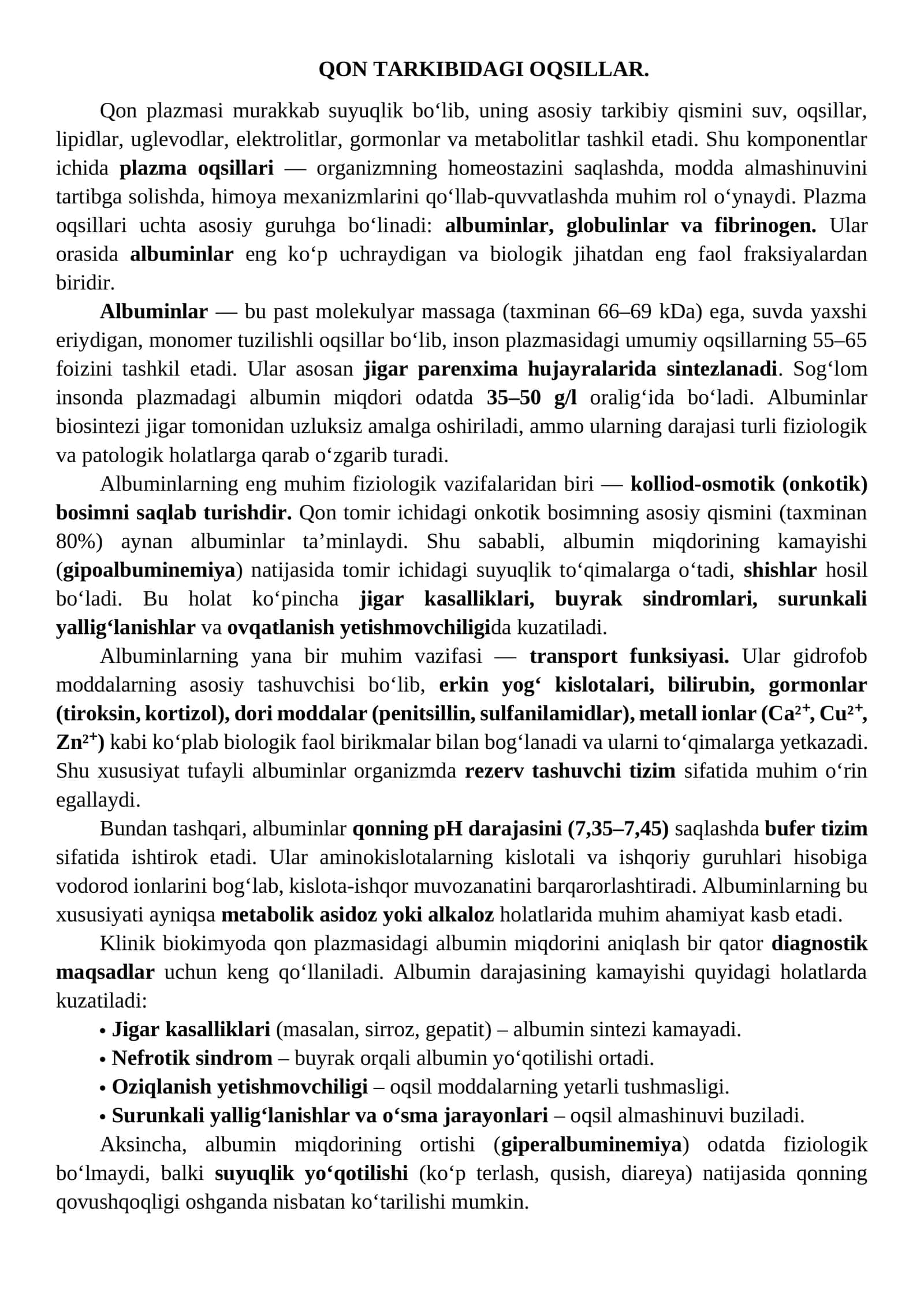 Qon Tarkibidagi Oqsillar