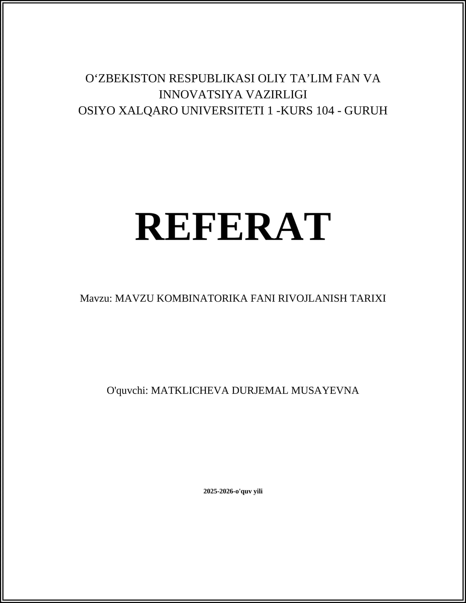 MAVZU KOMBINATORIKA FANI RIVOJLANISH TARIXI