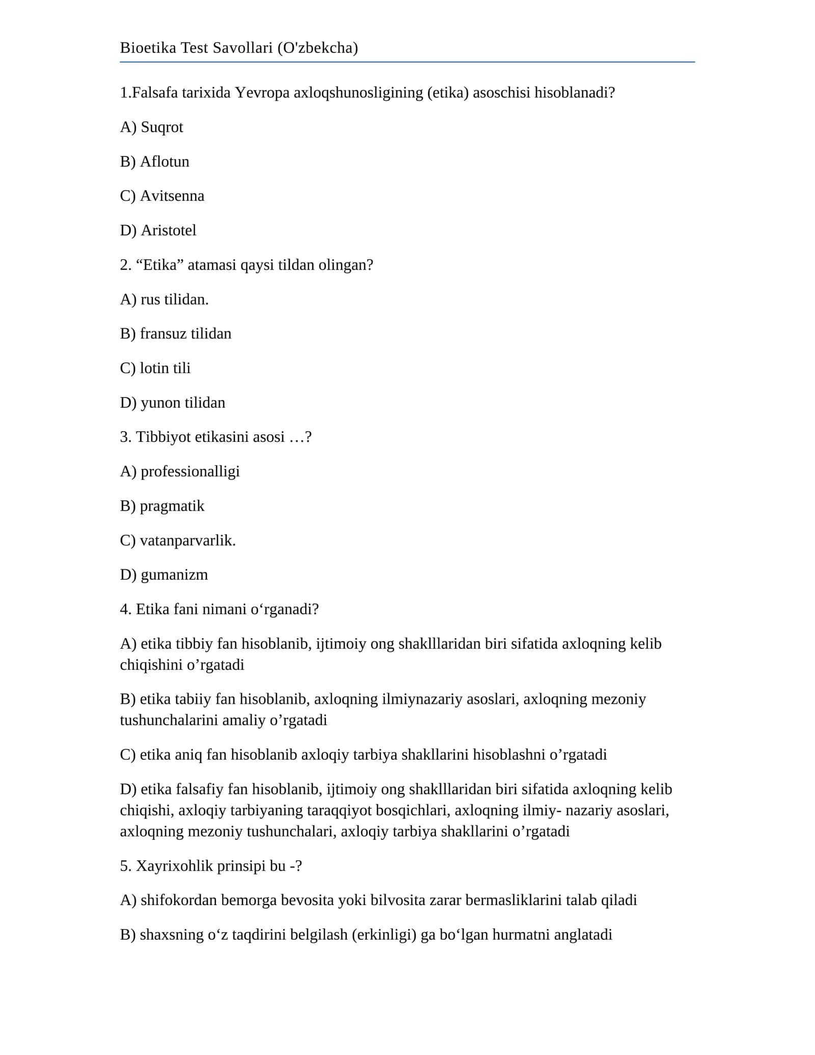 Bioetika Test Savollari (O'zbekcha)