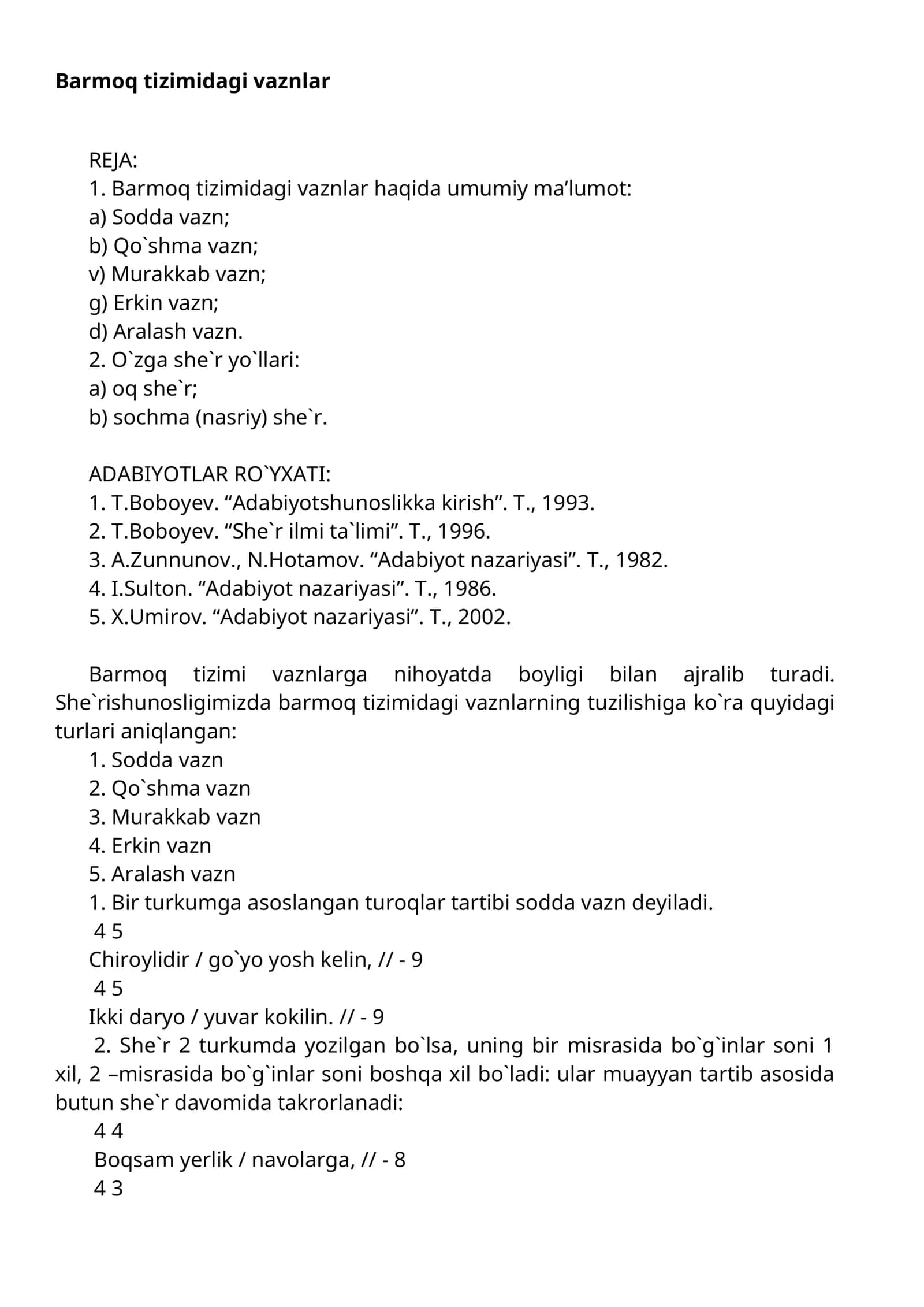 Barmoq tizimidagi vaznlar