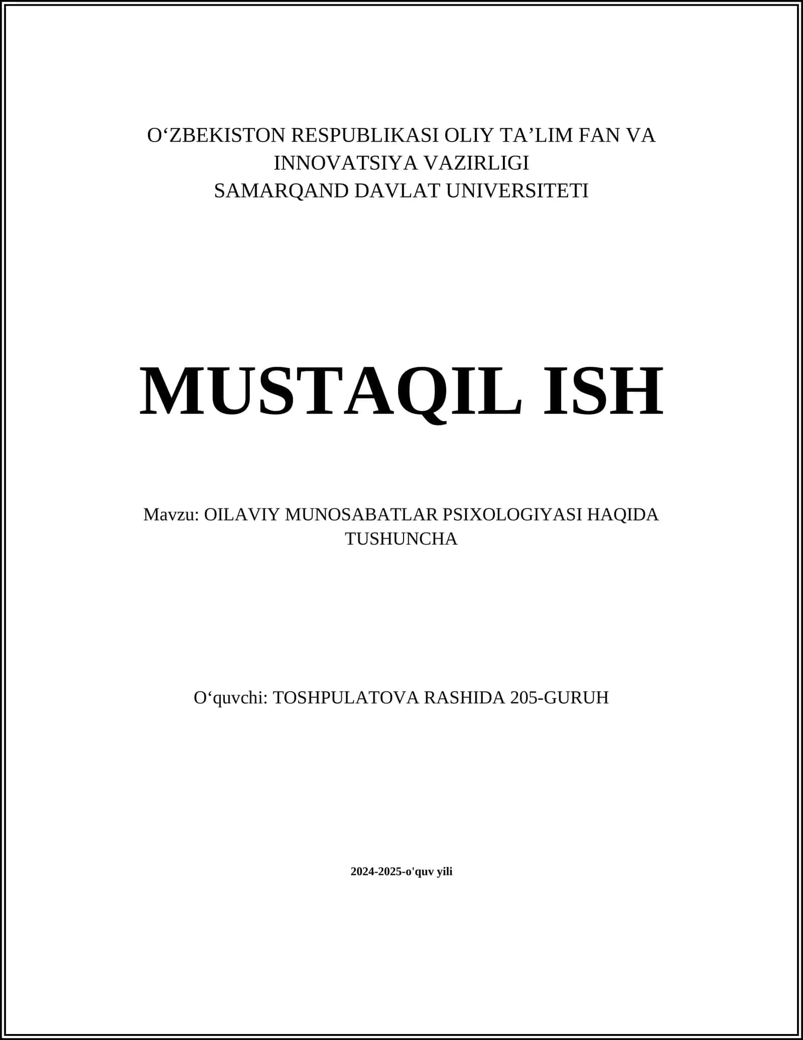 OILAVIY MUNOSABATLAR PSIXOLOGIYASI