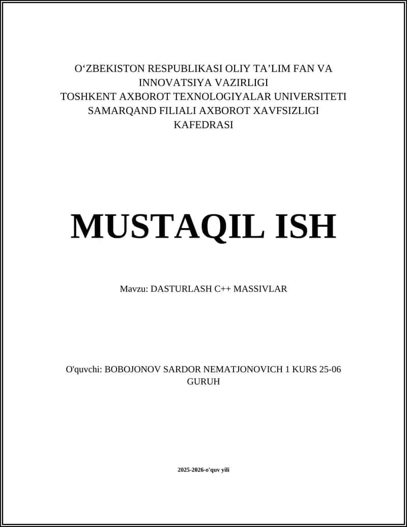 DASTURLASH C++ MASSIVLAR