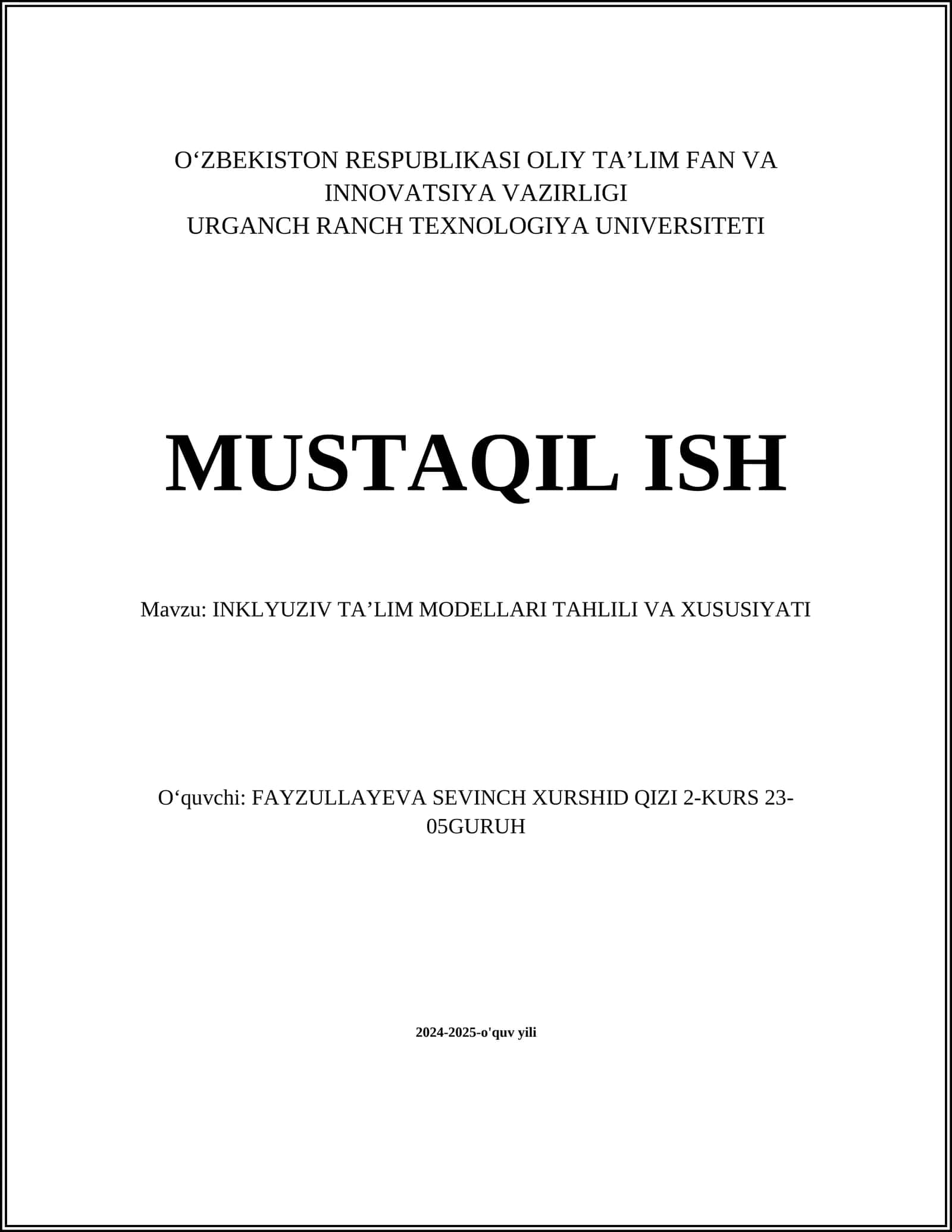 INKLYUZIV TAʼLIM MODELLARI TAHLILI VA XUSUSIYATI