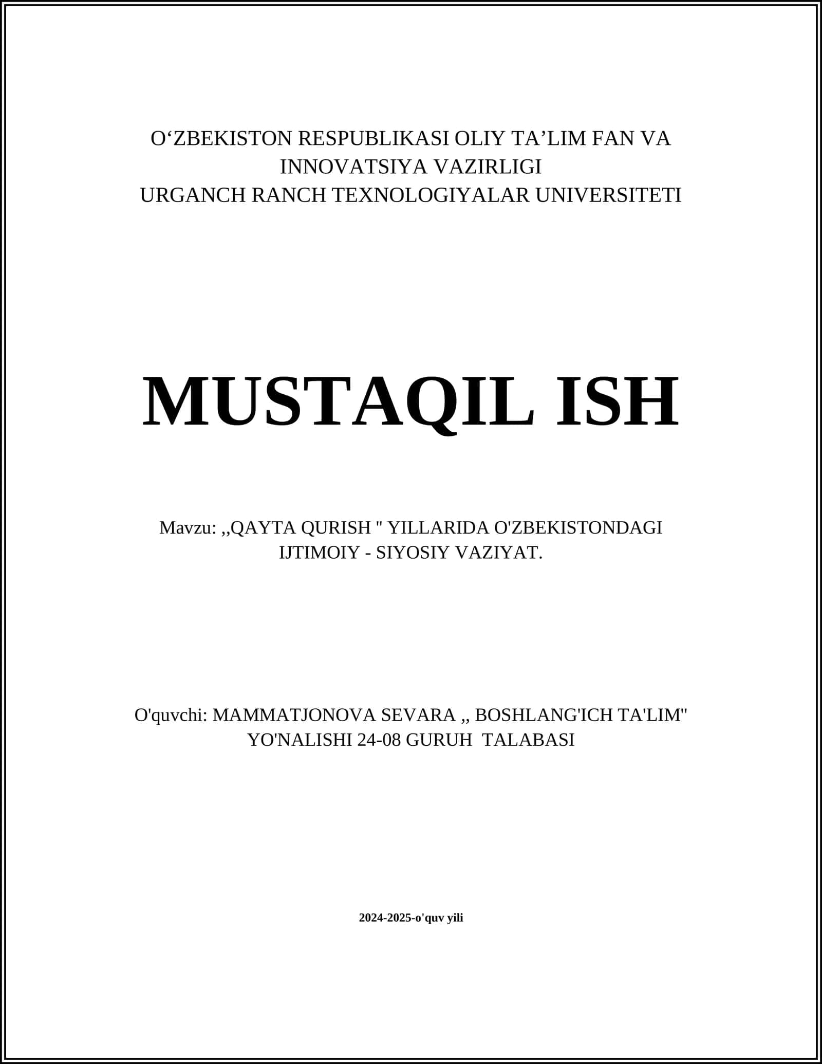 QAYTA QURISH YILLARIDA O'ZBEKISTONDAGI IJTIMOIY - SIYOSIY VAZIYAT