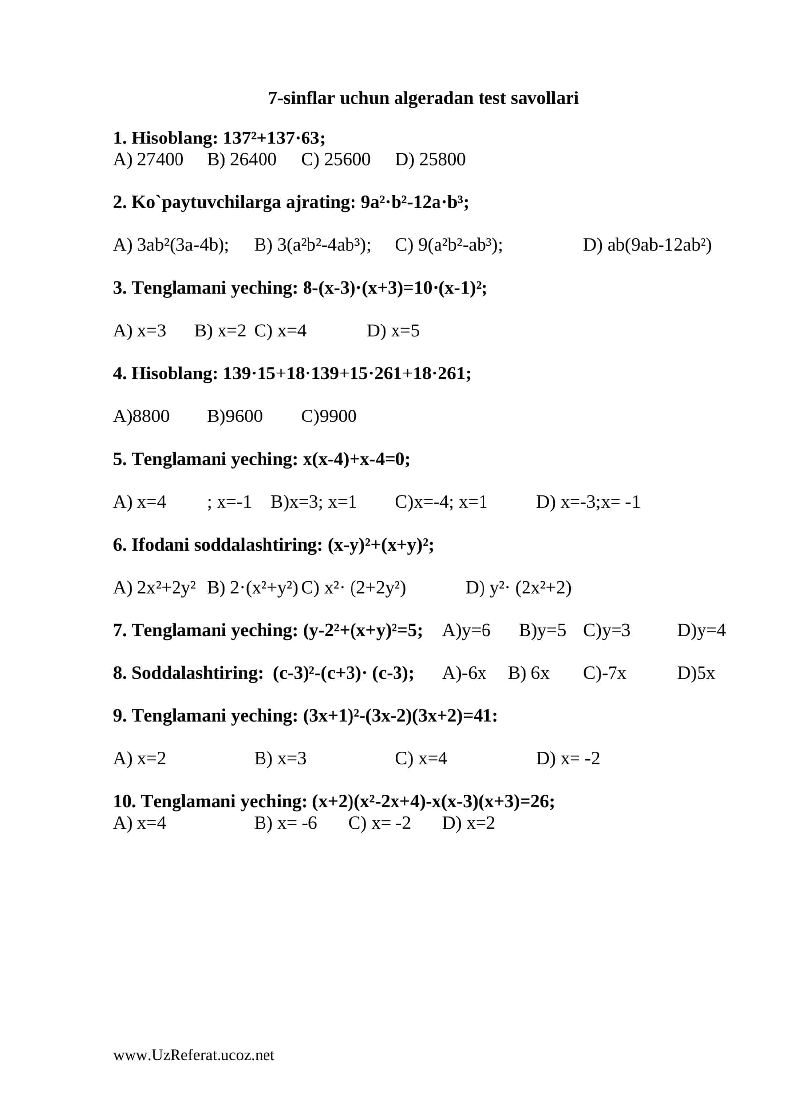 7-sinflar uchun algeradan test savollari
