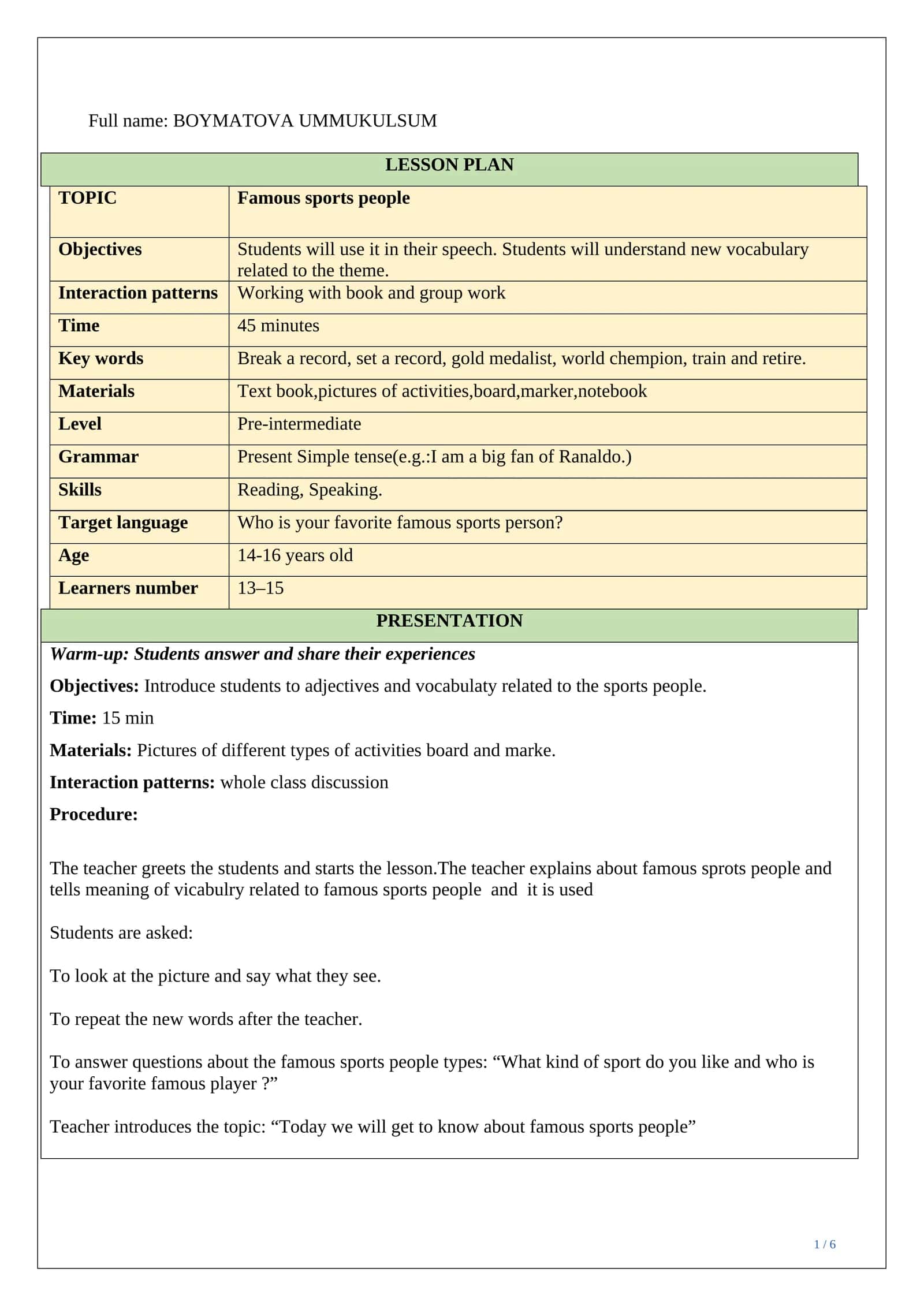 Lesson plan ESP Famous sports people