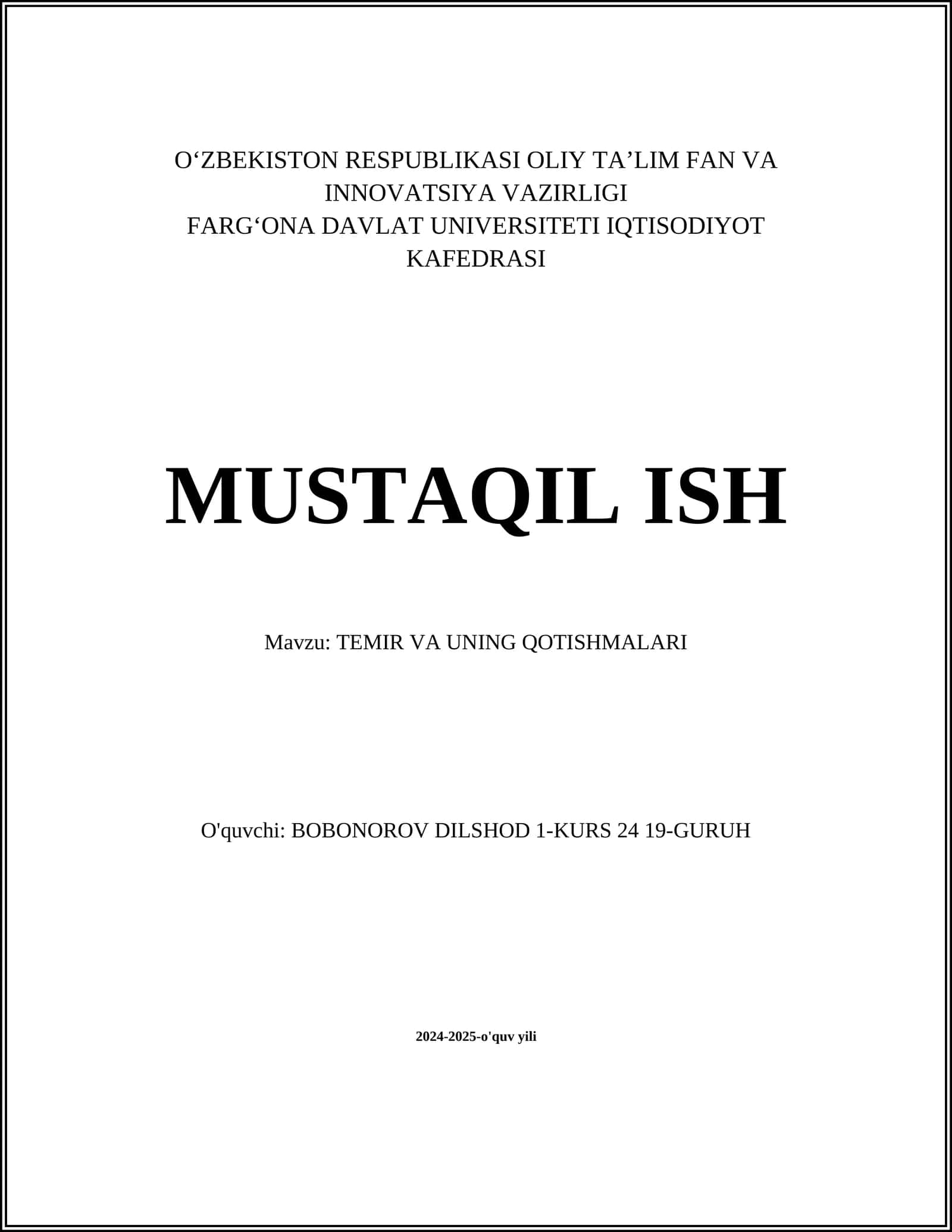TEMIR VA UNING QOTISHMALARI