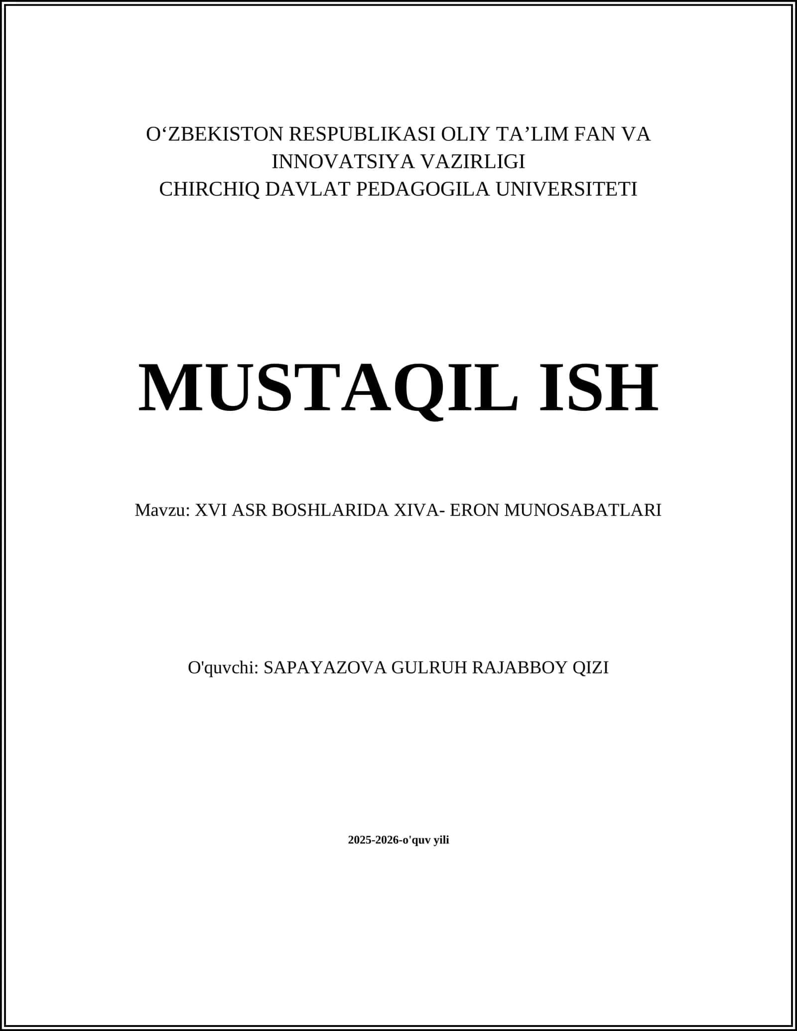 XVI ASR BOSHLARIDA XIVA- ERON MUNOSABATLARI
