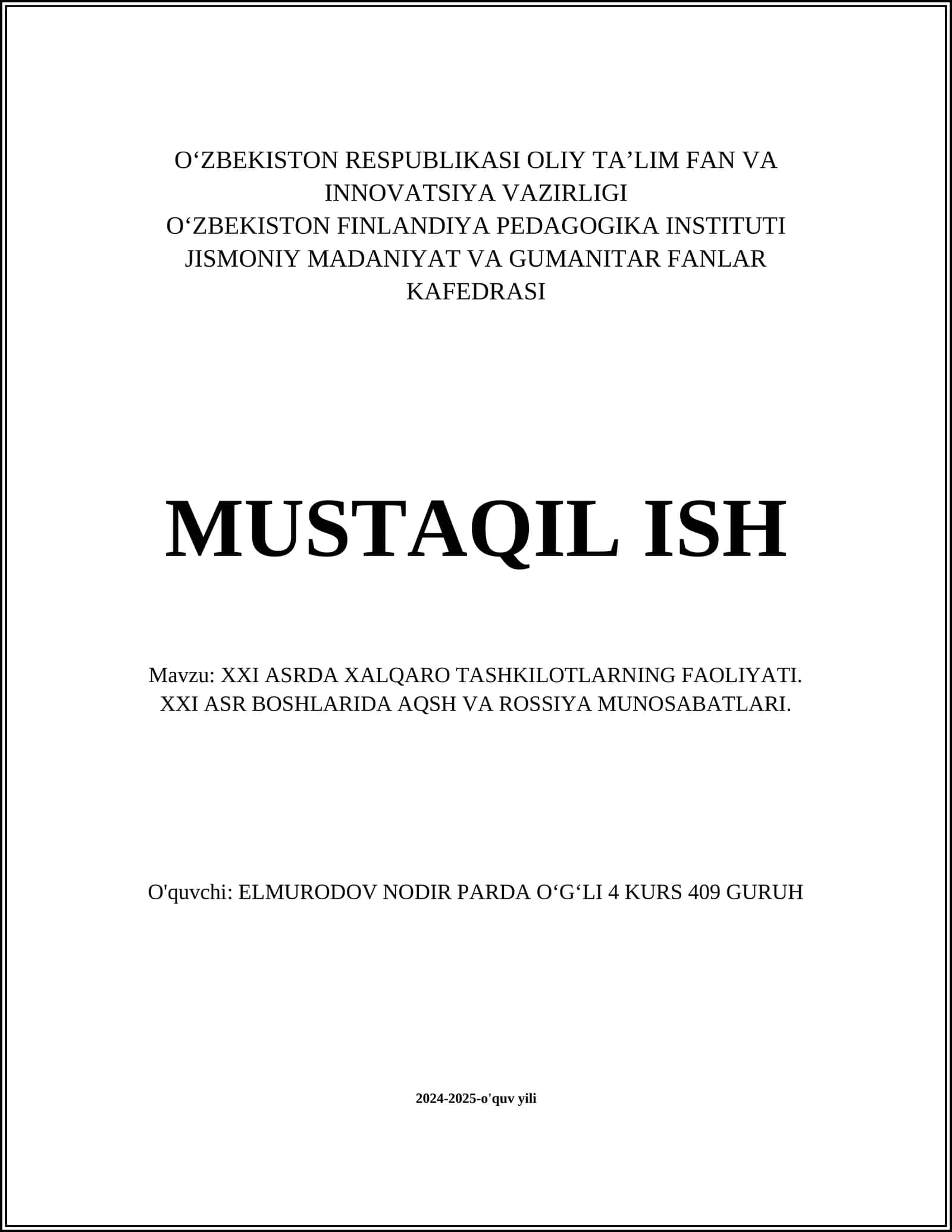 XXI asrda Xalqaro Tashkilotlar Faoliyati