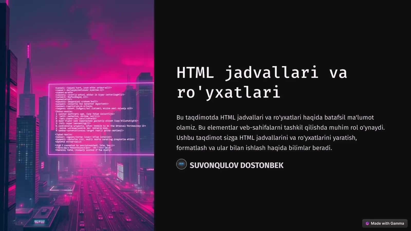HTML jadvallari va ro'yxatlari
