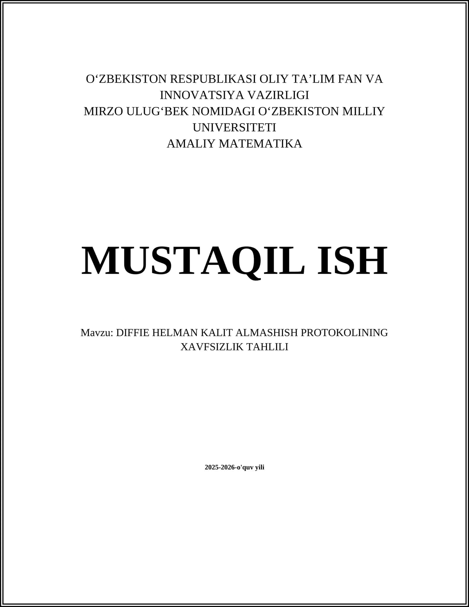 DIFFIE HELMAN KALIT ALMASHISH PROTOKOLINING XAVFSIZLIK TAHLILI