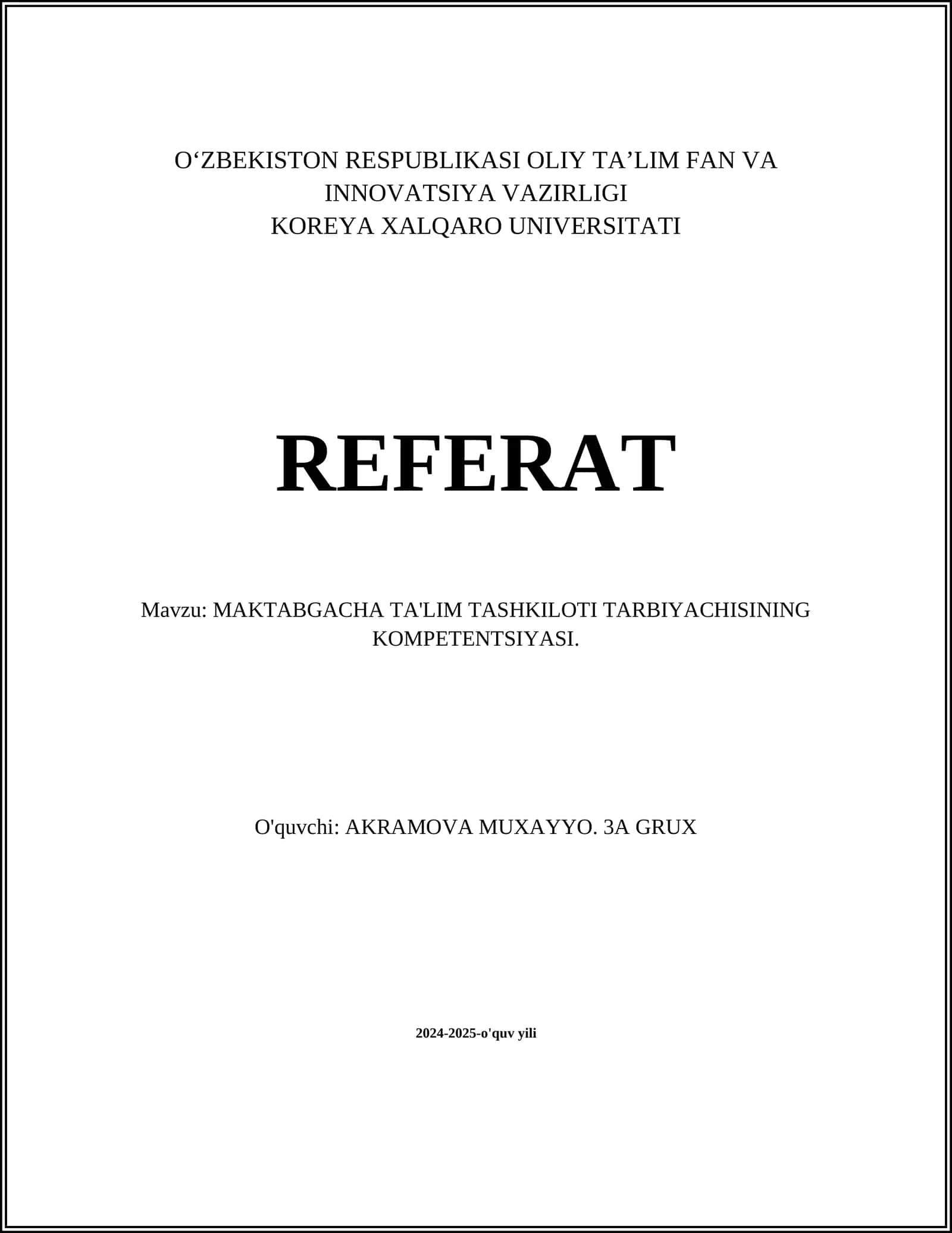 MAKTABGACHA TA'LIM TASHKILOTI TARBIYACHISINING KOMPETENTSIYASI