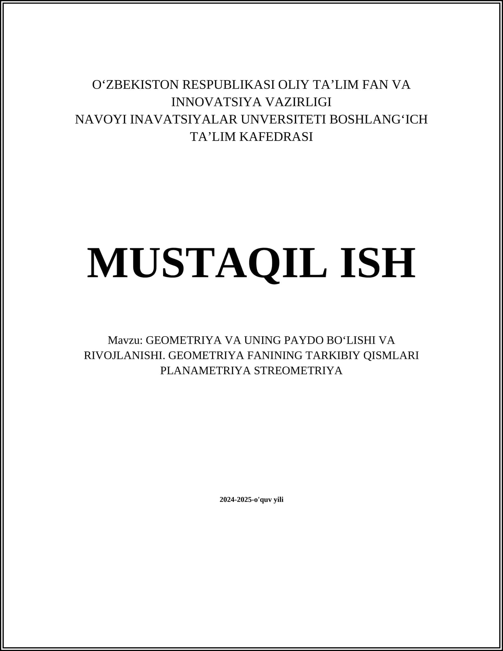 GEOMETRIYA VA UNING PAYDO BOʻLISHI VA RIVOJLANISHI. GEOMETRIYA FANINING TARKIBIY QISMLARI PLANAMETRIYA STREOMETRIYA