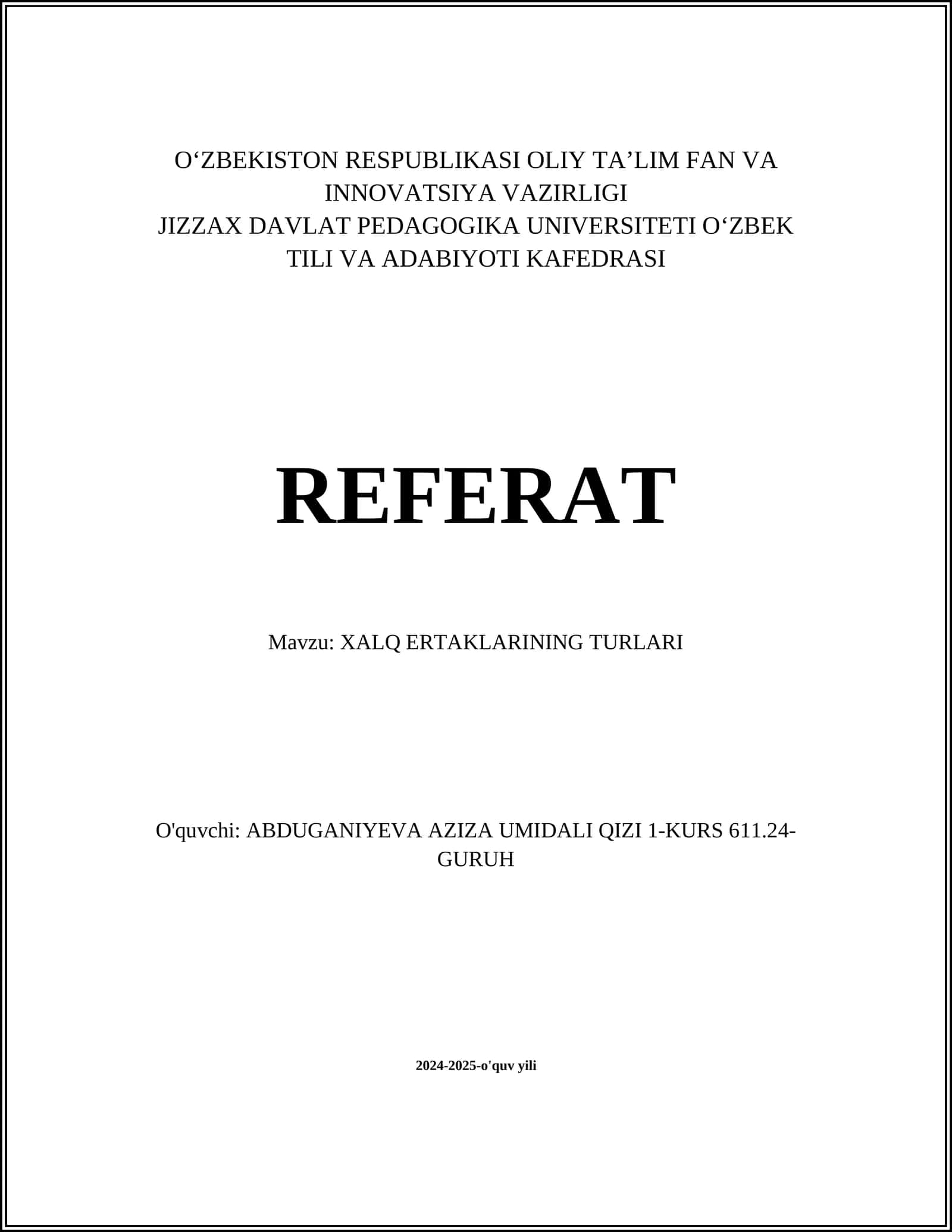 XALQ ERTAKLARINING TURLARI