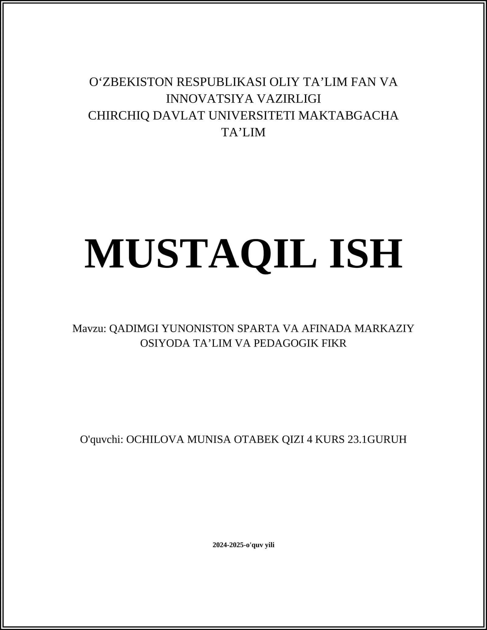 QADIMGI YUNONISTON SPARTA VA AFINADA MARKAZIY OSIYODA TAʼLIM VA PEDAGOGIK FIKR