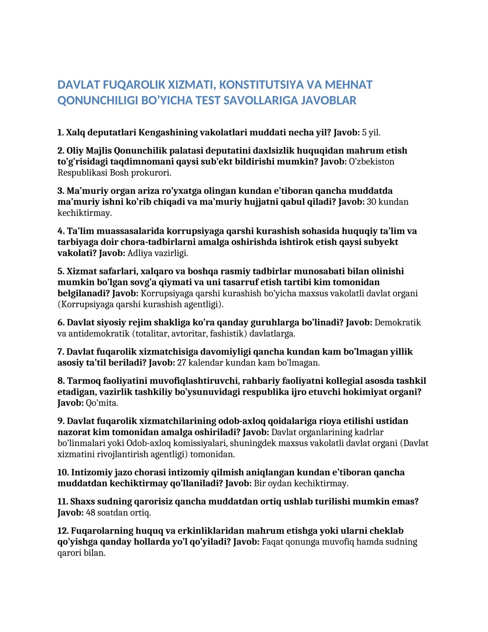Argos test javoblari   ARGOS TEST JAVOBLARI  2026  DAVLAT FUQAROLIK XIZMATI, KONSTITUTSIYA VA MEHNAT QONUNCHILIGI BO’YICHA TEST SAVOLLARIGA JAVOBLAR