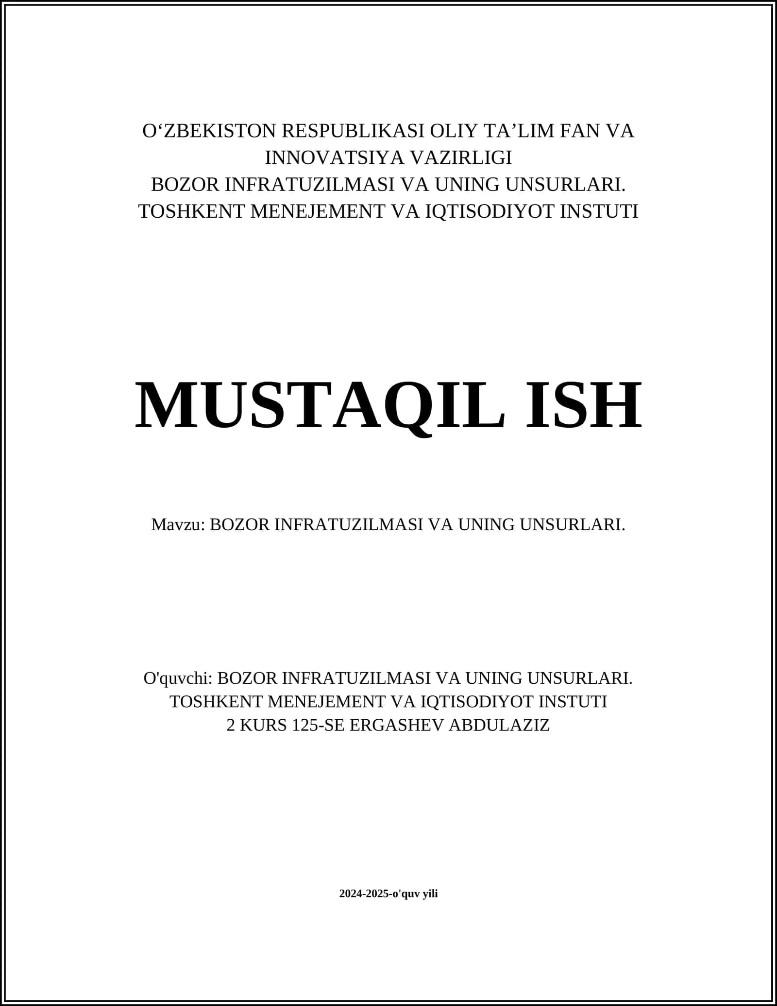 BOZOR INFRATUZILMASI VA UNING UNSURLARI