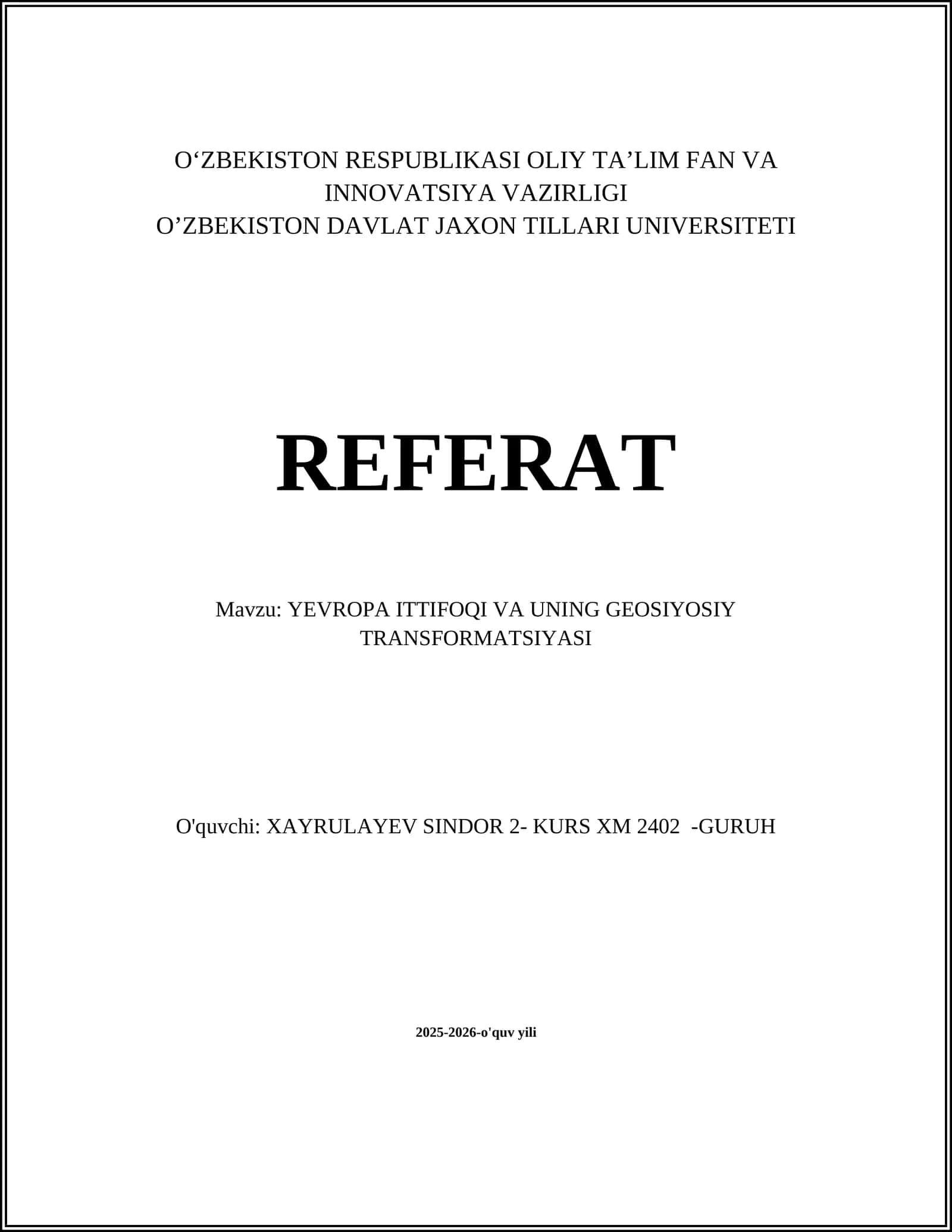 YEVROPA ITTIFOQI VA UNING GEOSIYOSIY TRANSFORMATSIYASI