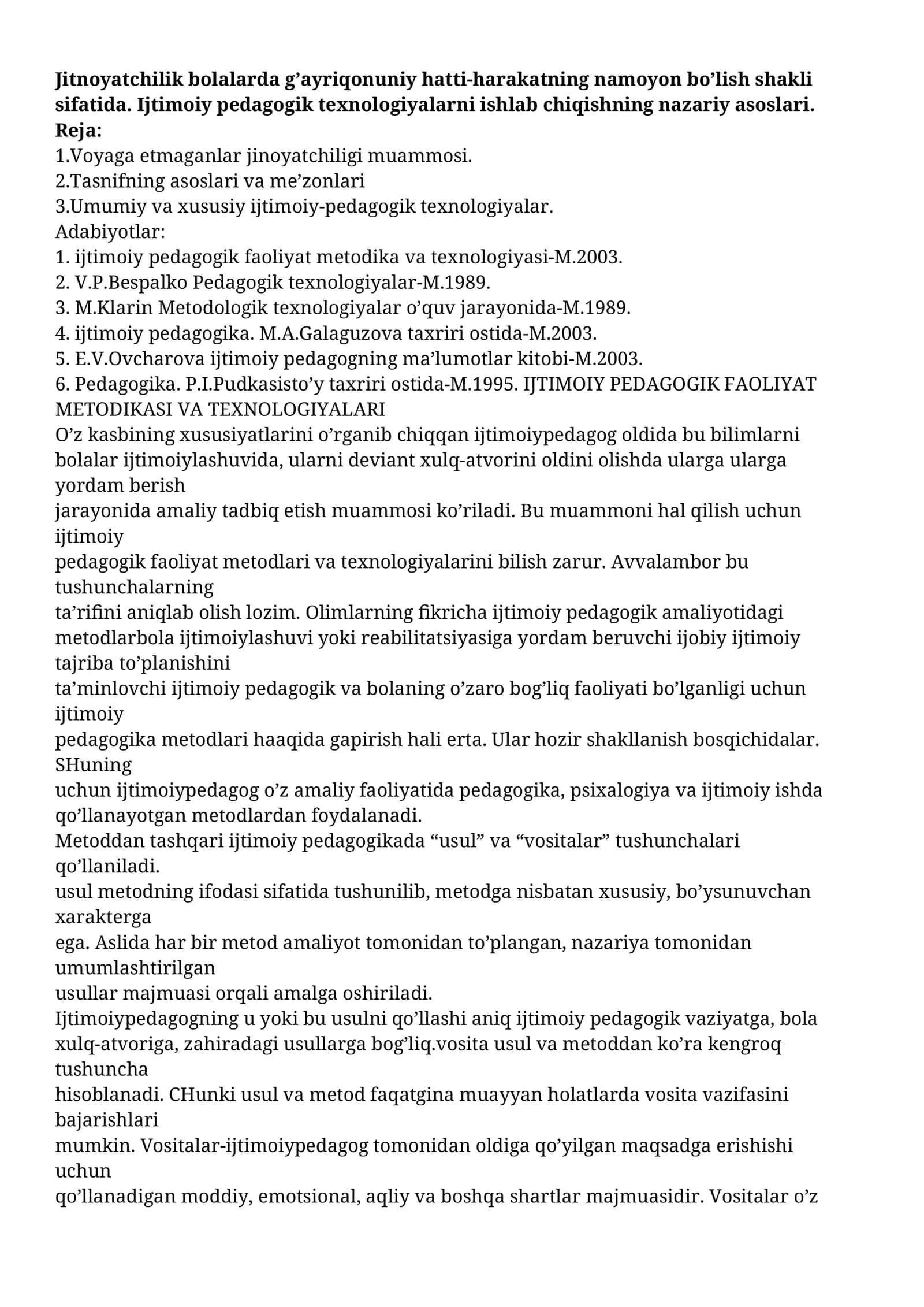 IJTIMOIY PEDAGOGIK FAOLIYAT METODIKASI VA TEXNOLOGIYALARI