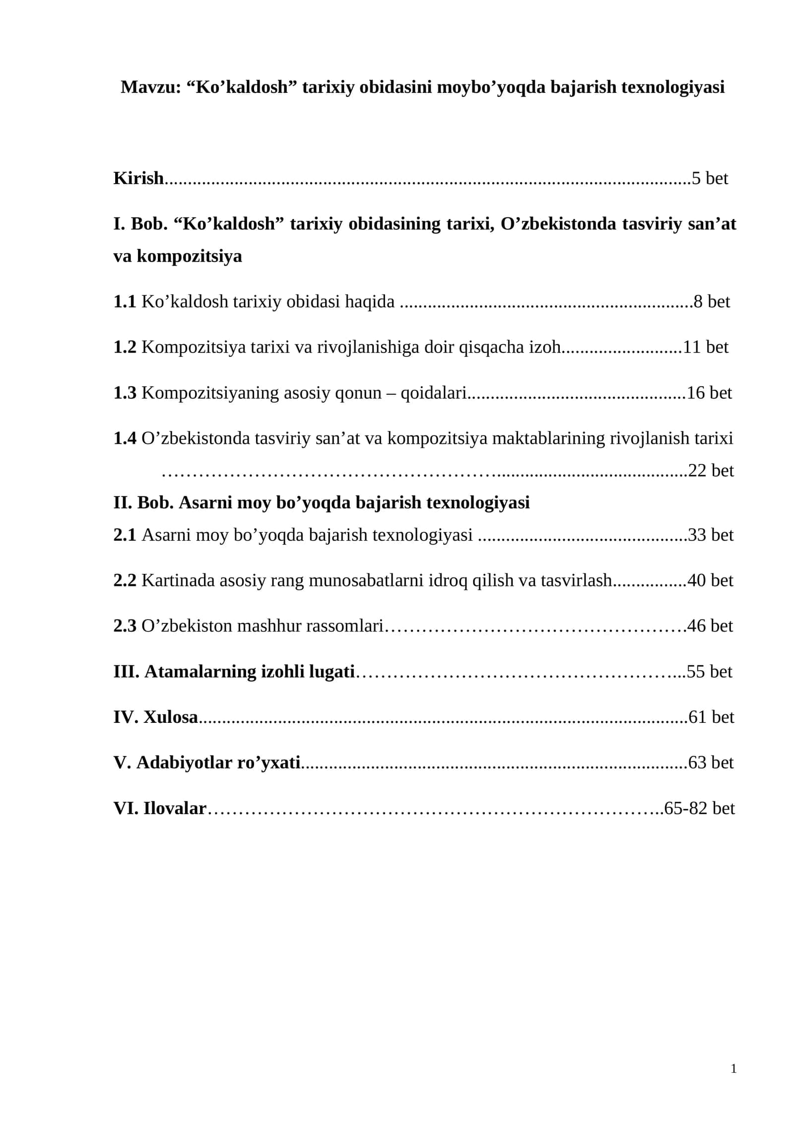 Ko’kaldosh tarixiy obidasini moybo’yoqda bajarish texnologiyasi. Bitiruv malakaviy ishi