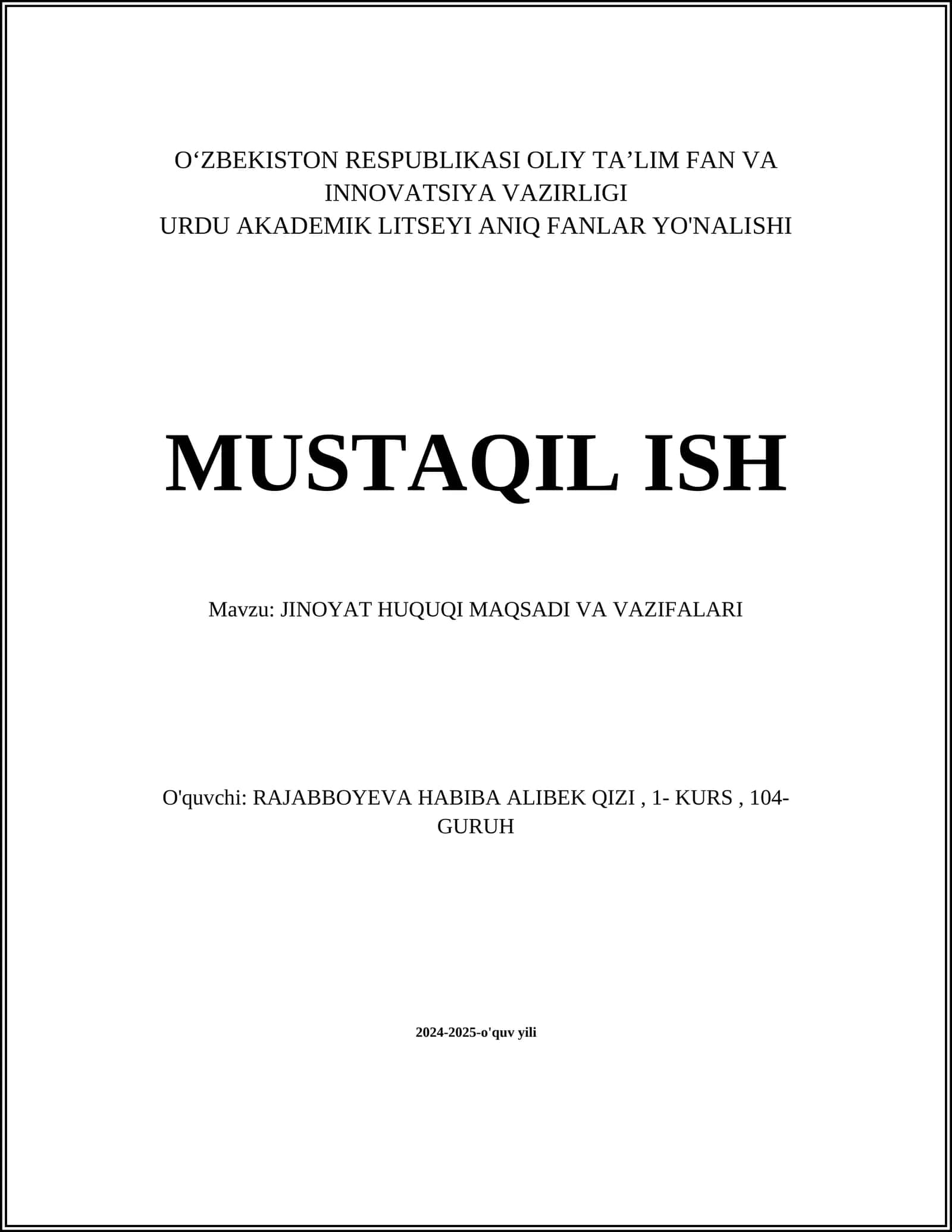 JINOYAT HUQUQI MAQSADI VA VAZIFALARI