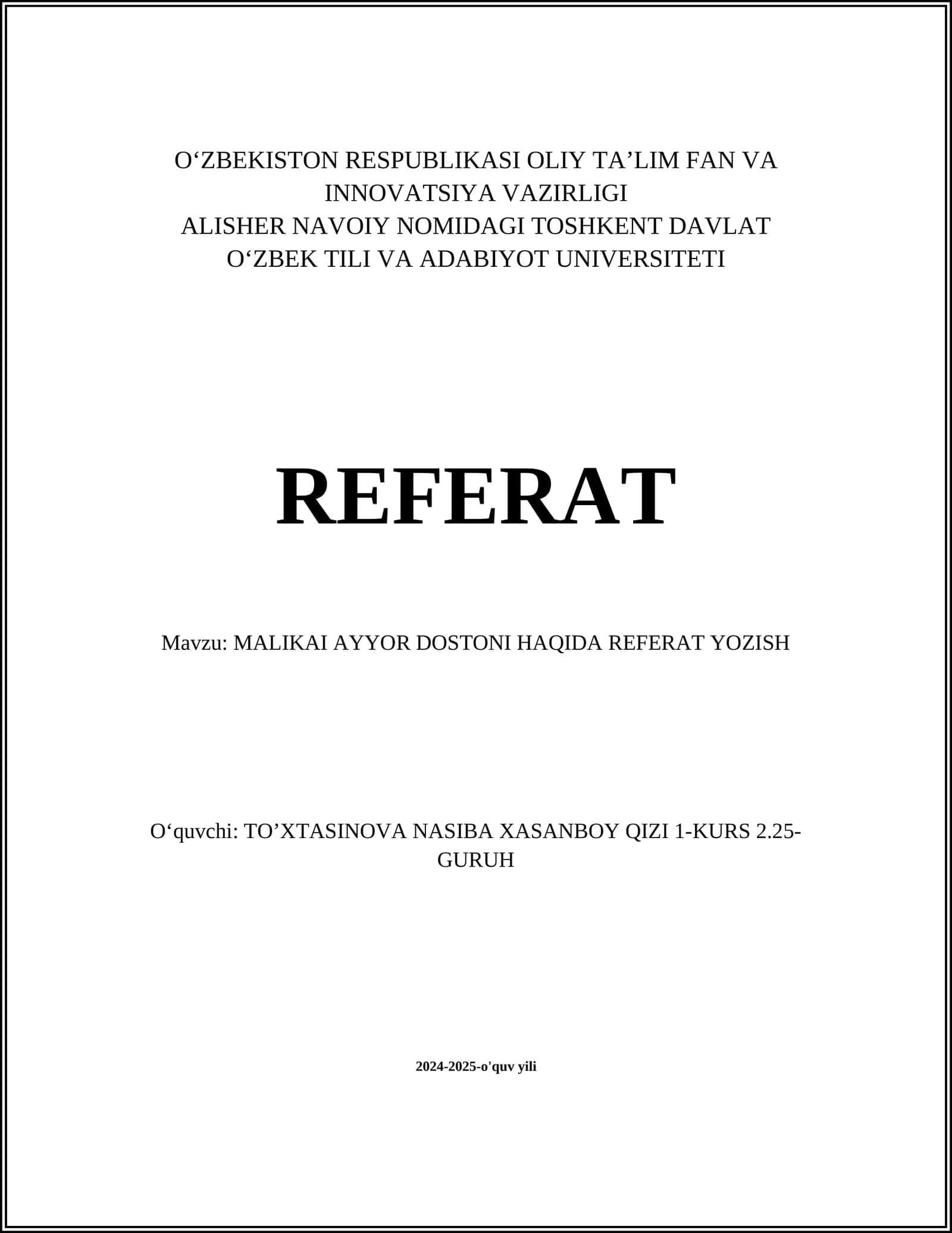 Malikayi Ayyor Dostoni Haqida Referat Yozish