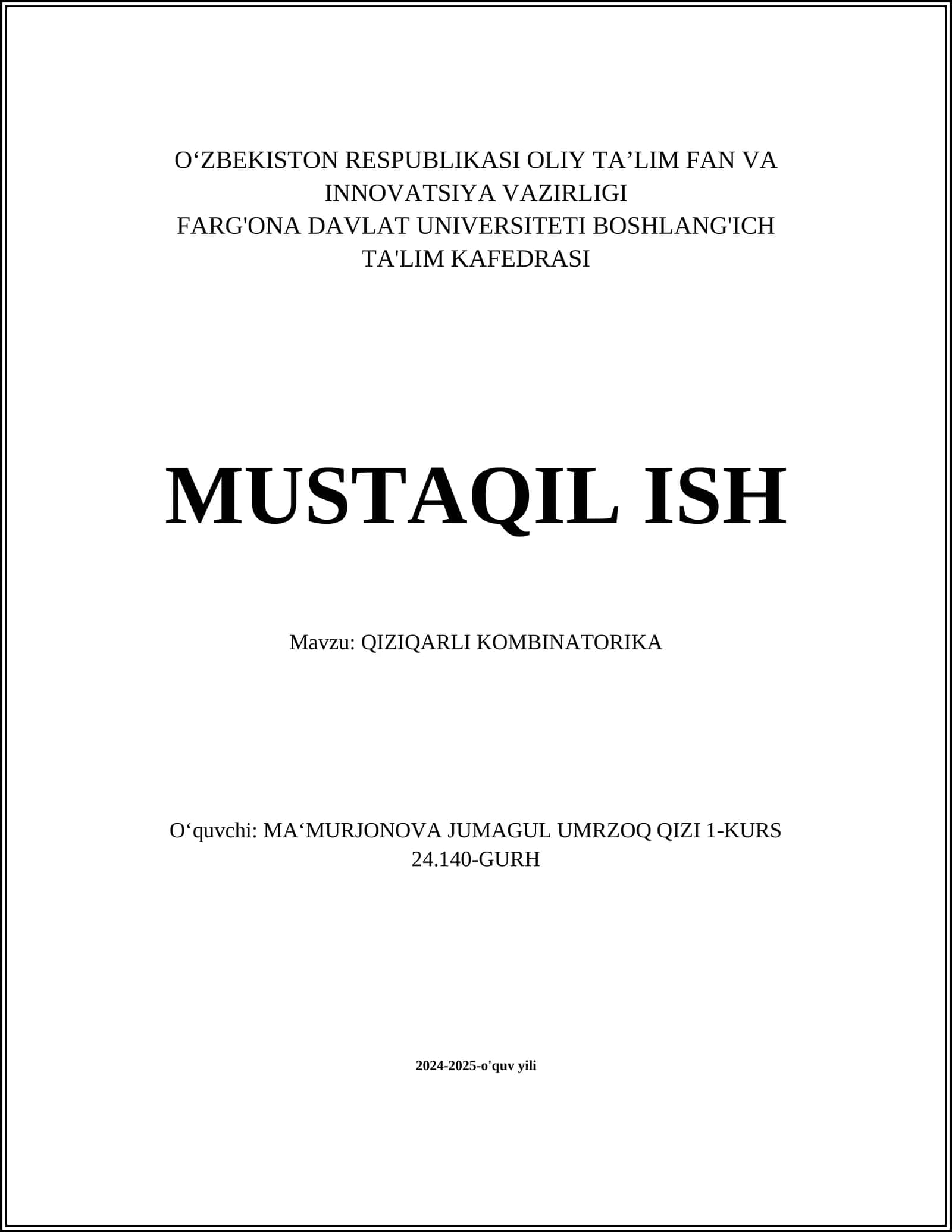 QIZIQARLI KOMBINATORIKA