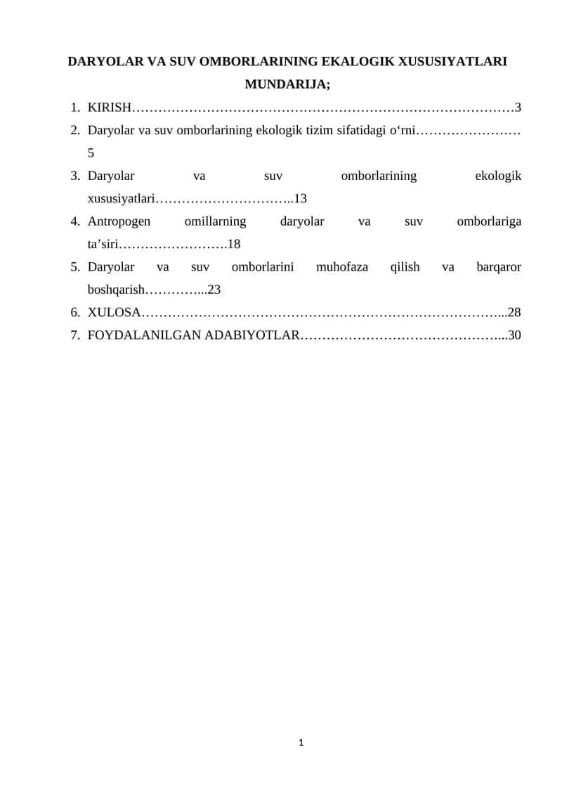 DARYOLAR VA SUV OMBORLARINING EKALOGIK XUSUSIYATLARI