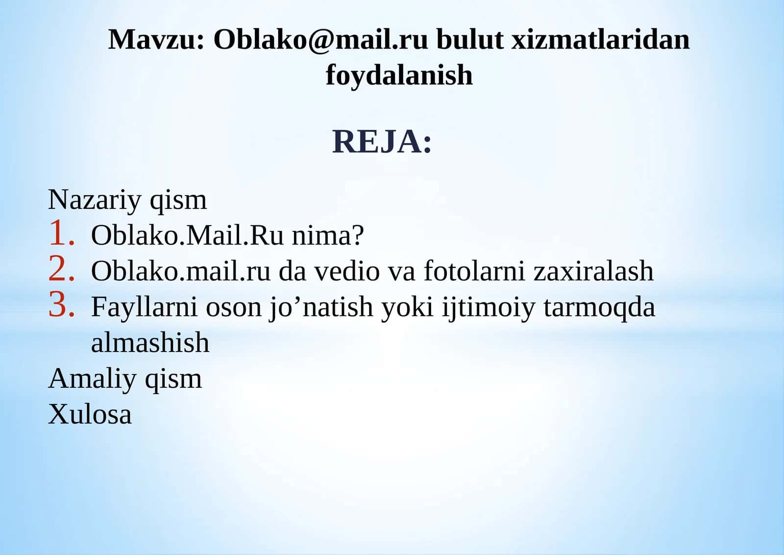 Oblako@mail.ru bulut xizmatlaridan foydalanish
