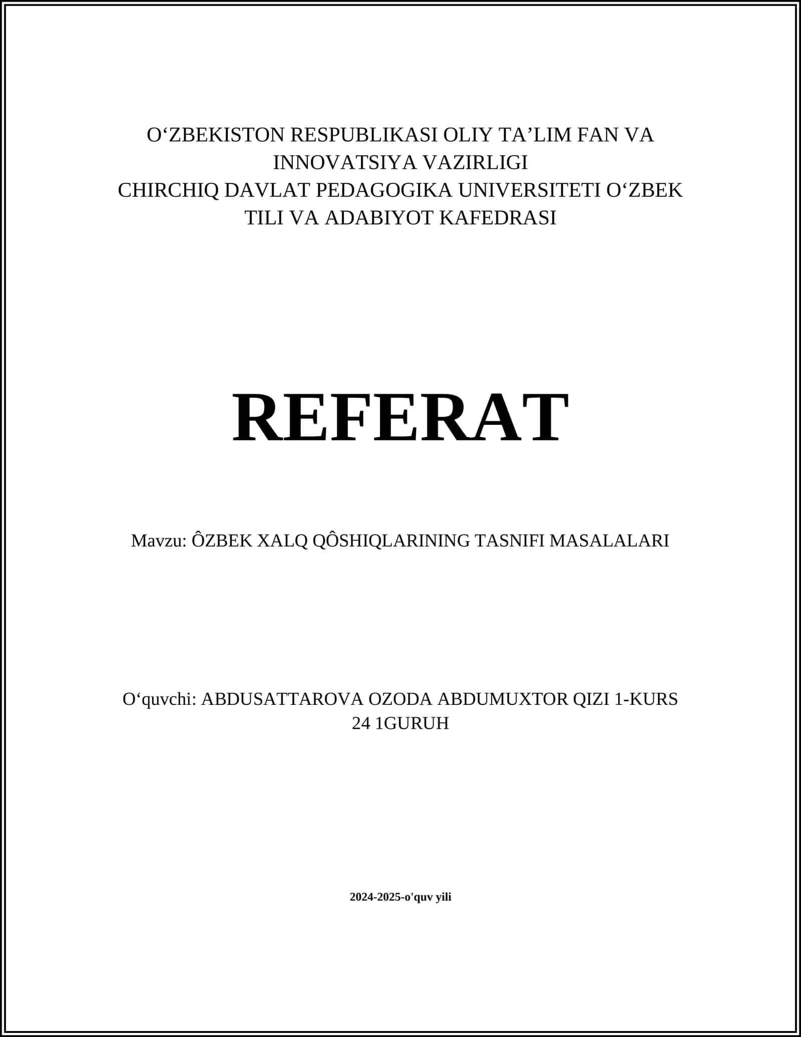 ÔZBEK XALQ QÔSHIQLARINING TASNIFI MASALALARI
