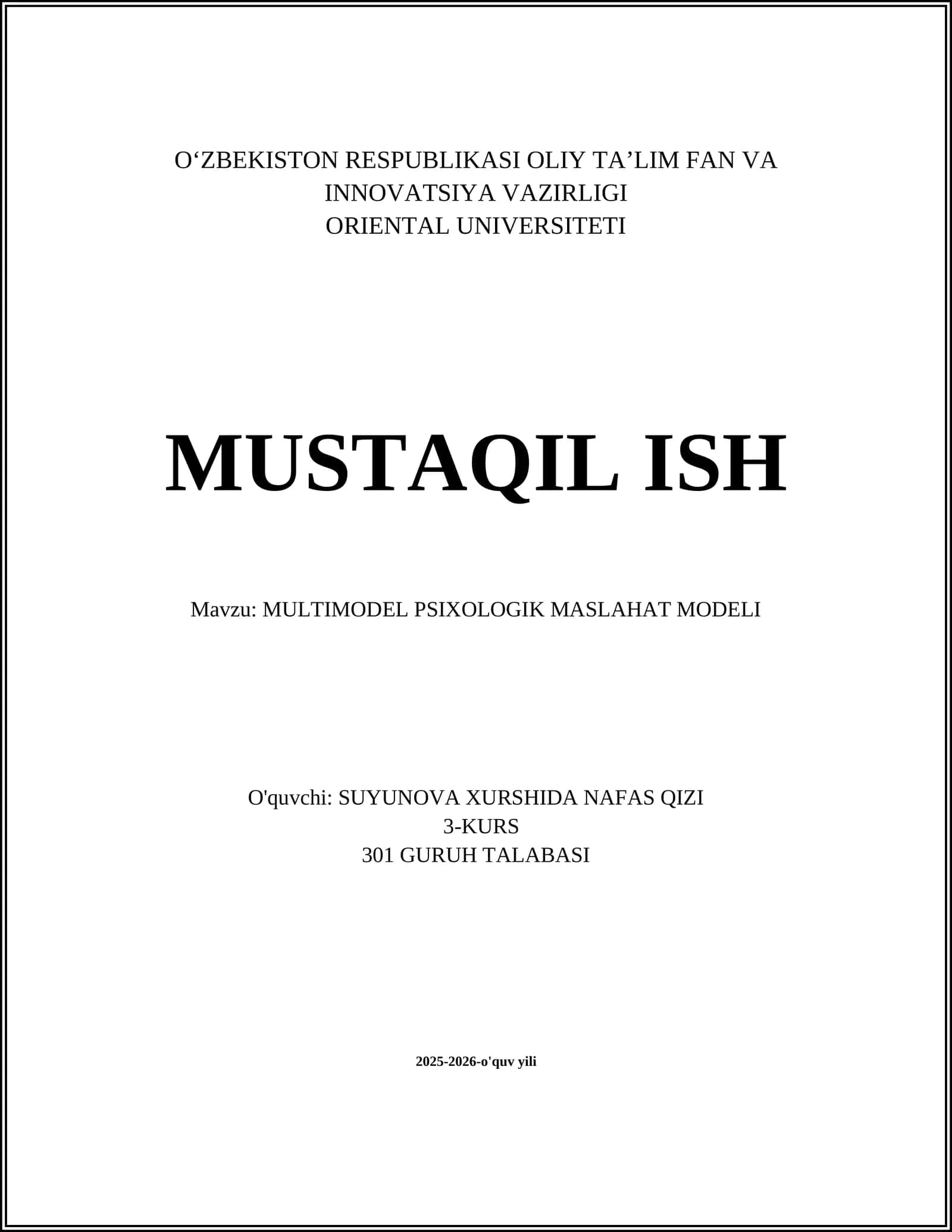 MULTIMODEL PSIXOLOGIK MASLAHAT MODELINING NAZARIY ASOSLARI