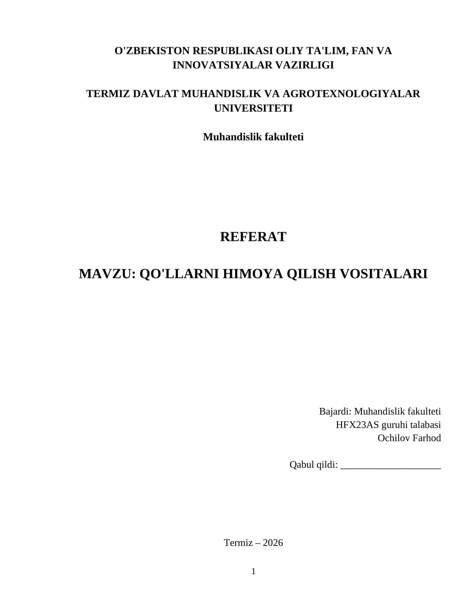 QO'LLARNI HIMOYA QILISH VOSITALARI