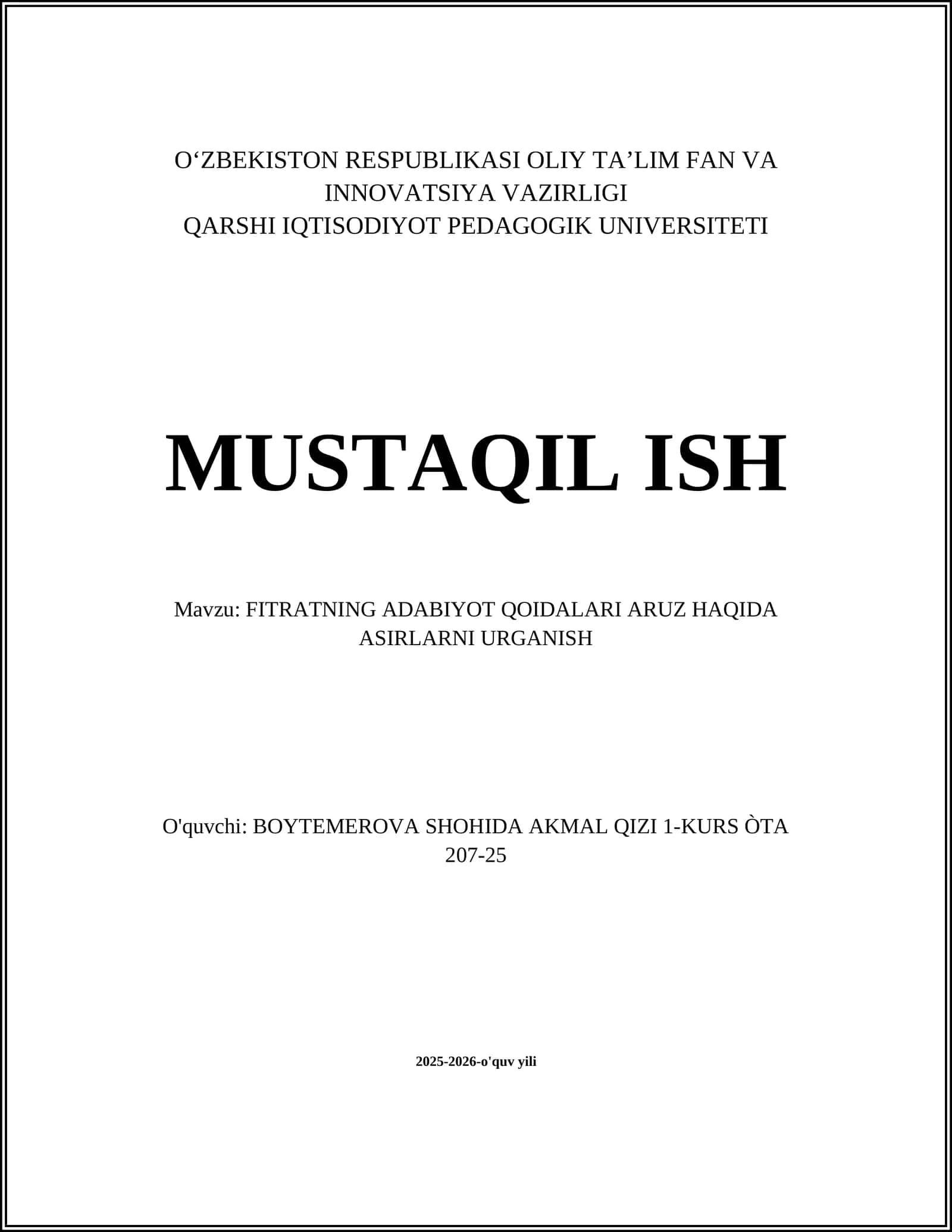 FITRATNING ADABIYOT QOIDALARI ARUZ HAQIDA ASIRLARNI URGANISH