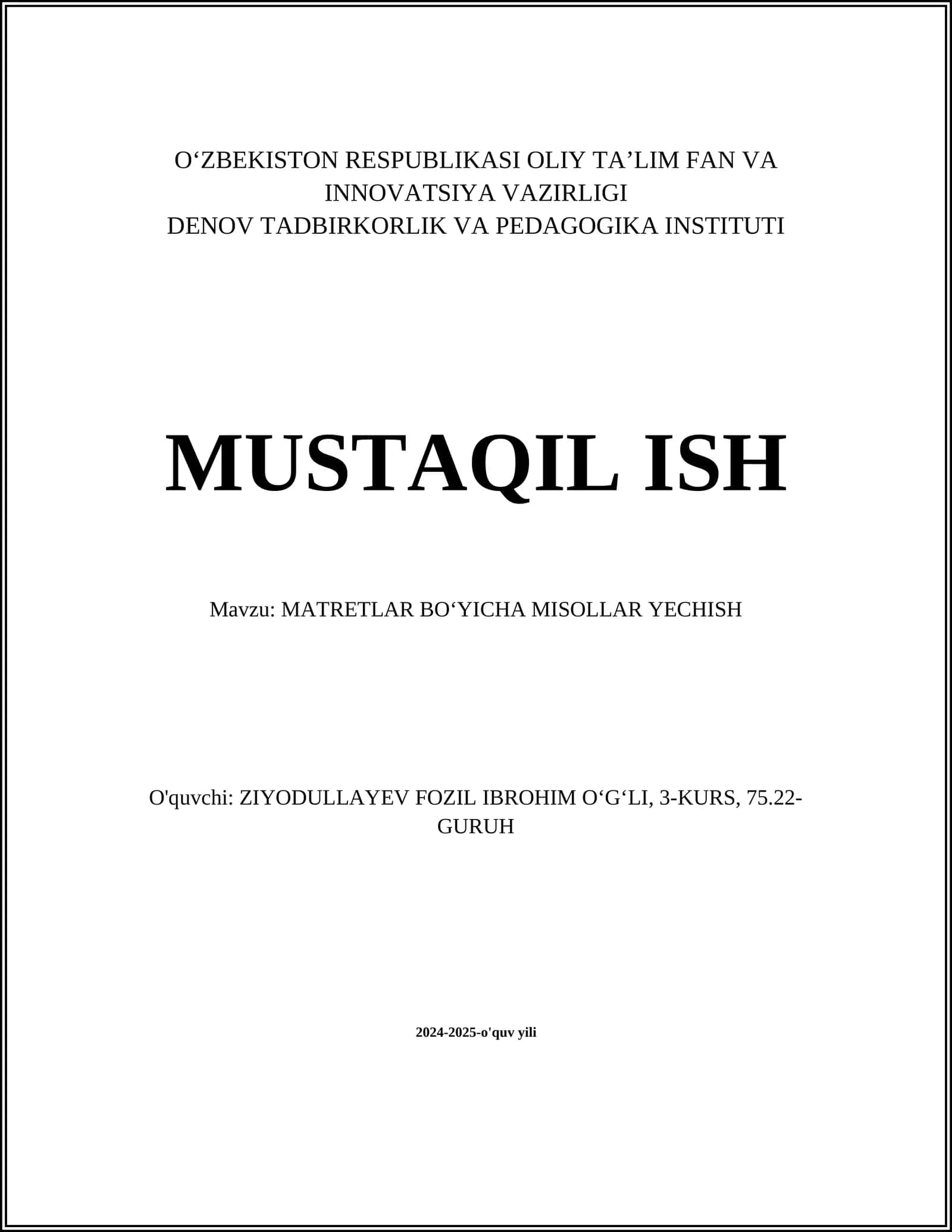 MATRETLAR BOʻYICHA MISOLLAR YECHISH