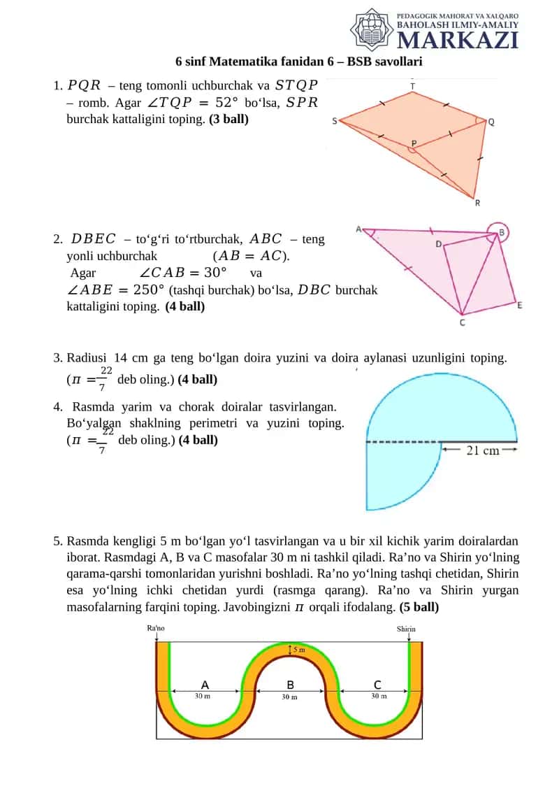 6 sinf Matematika fanidan 6 – BSB savollari