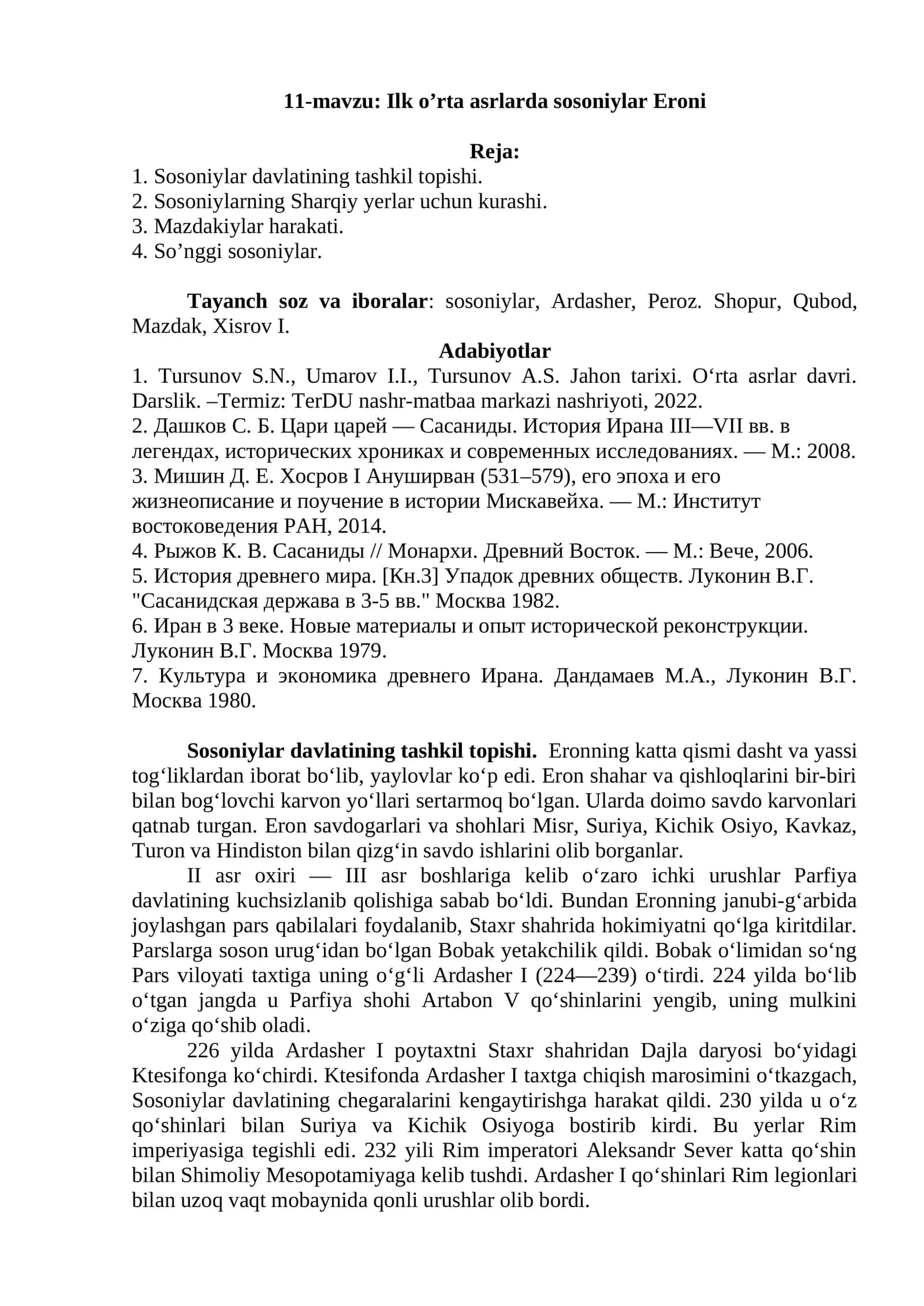 Ilk o’rta asrlarda sosoniylar Eroni