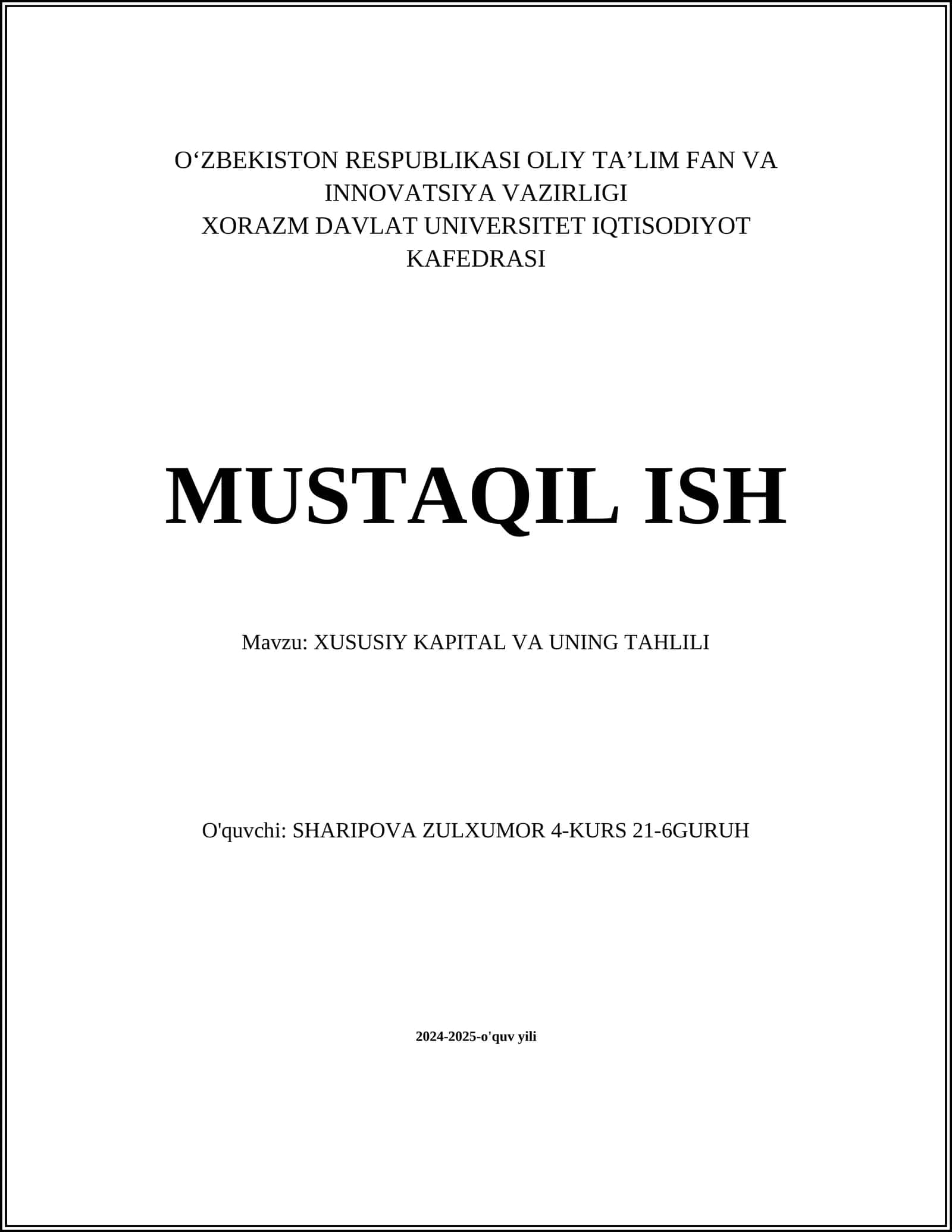 XUSUSIY KAPITAL VA UNING TAHLILI