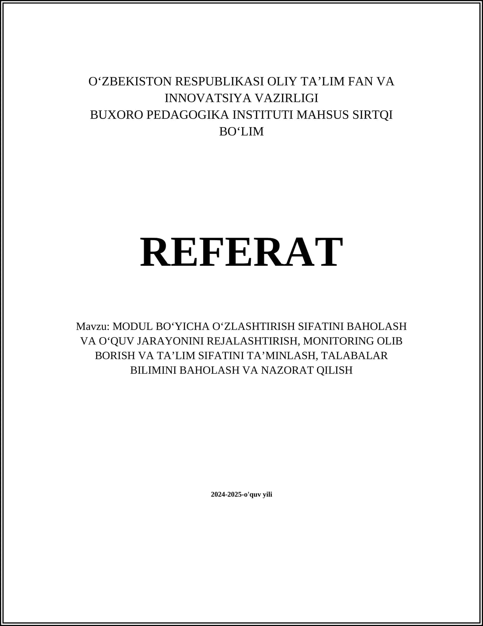 Modul boʻyicha oʻzlashtirish sifati mezonlari