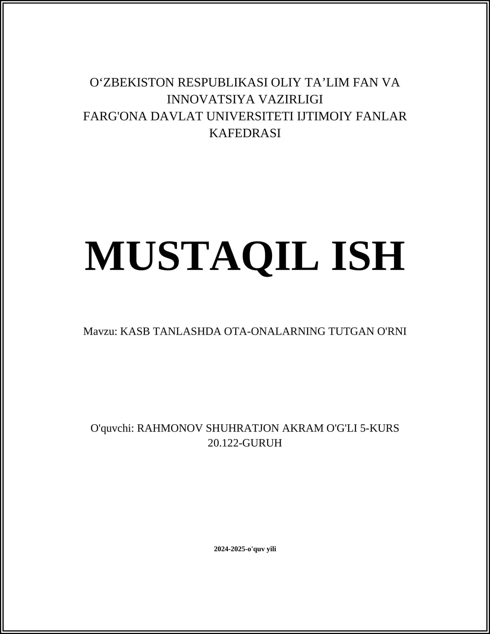 KASB TANLASHDA OTA-ONALARNING TUTGAN O'RNI